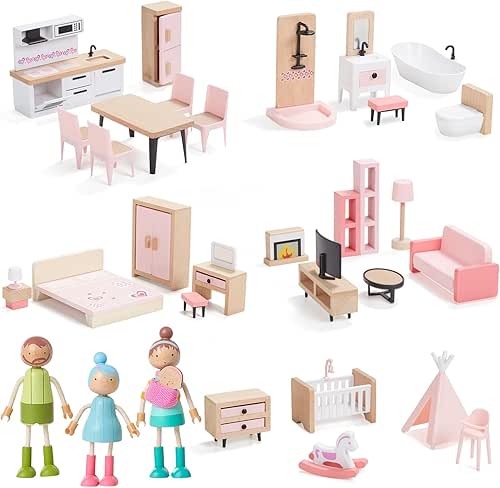 Giant bean 36pcs Wooden Dollhouse Furniture Set with Dolls for
