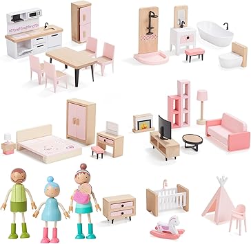 Giant bean 36pcs Wooden Dollhouse Furniture Set with Dolls for 5 Rooms, Wood & Plastic Pink Dollhouse Accessories Pretend Play Furniture Toy Christmas Birthday Gift Toy for Kids Boys Girls Toddler 3+