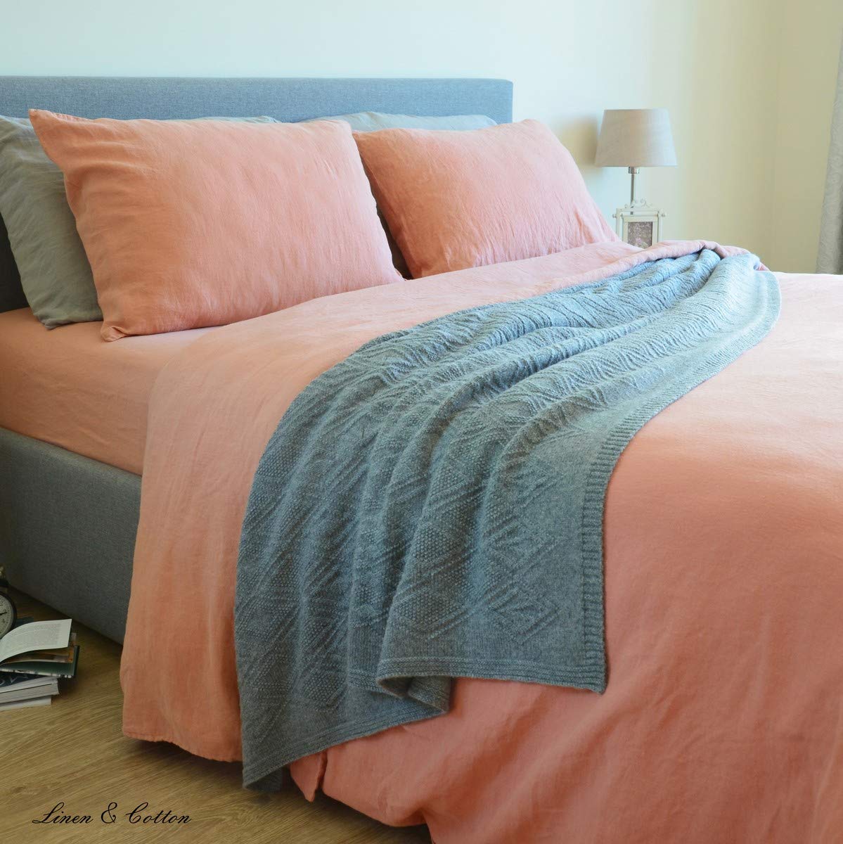 LINEN & COTTON Set Copripiumino/Biancheria da Letto in Lino Lavato (Stonewashed), (200 x 200cm) Matrimoniale, Corallo