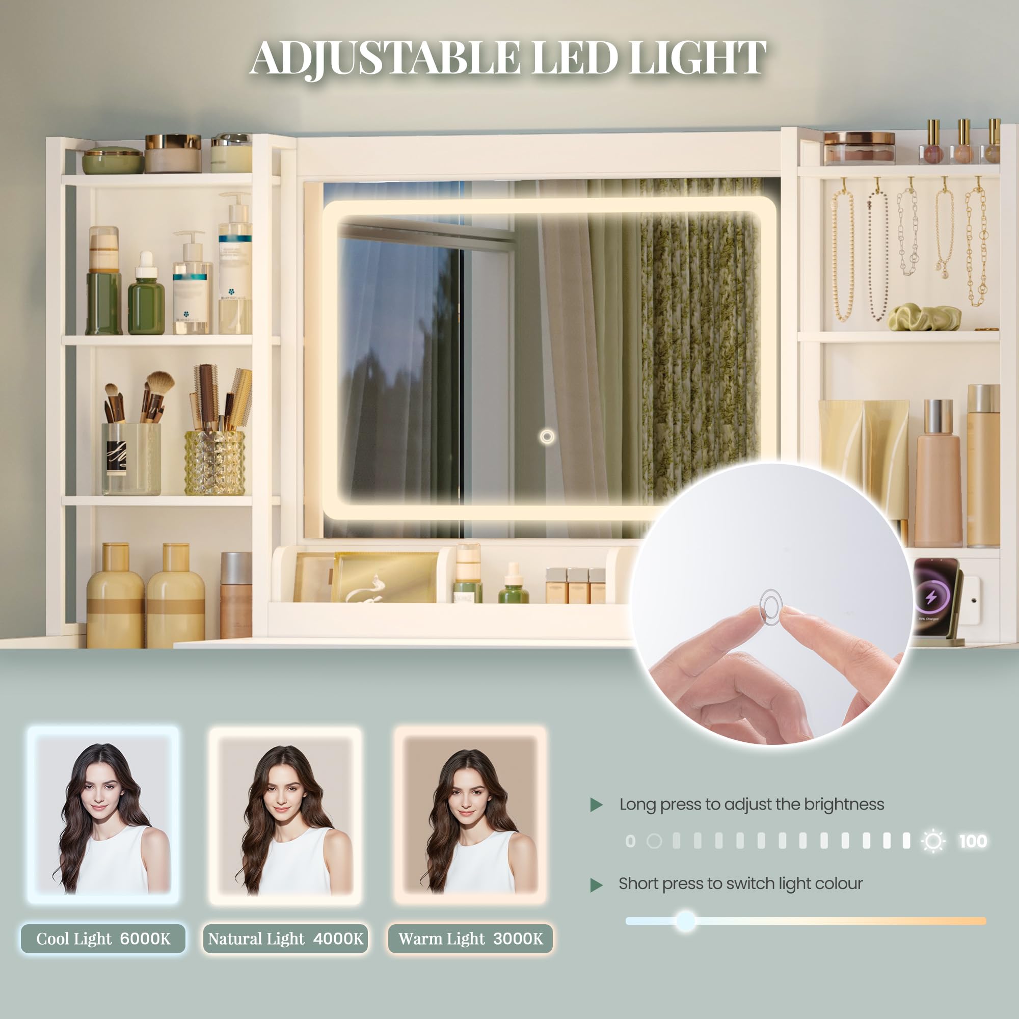 Hzuaneri 120 cm Toeletta con Specchio, Scrivania da Trucco, Toeletta con LED e Prese, 9 Cassetti, vani Portaoggetti Aperti, 40 x 120 x 141,5 cm, Bianco 1130103WEU