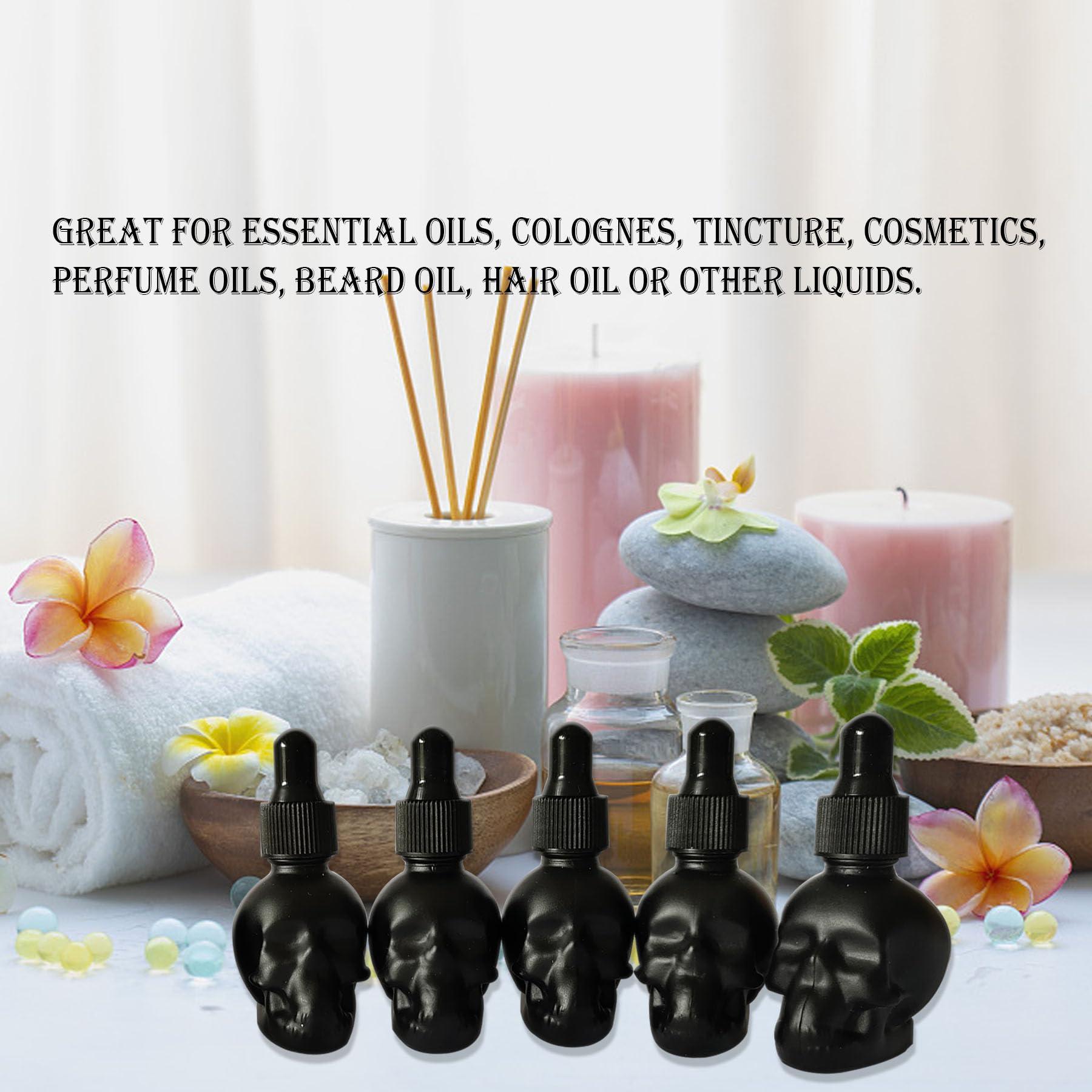 Juego de 7 botellas cuentagotas de cristal de calavera de 10 ml, a prueba de fugas, para almacenamiento y viajes (7 botellas de calavera negra)