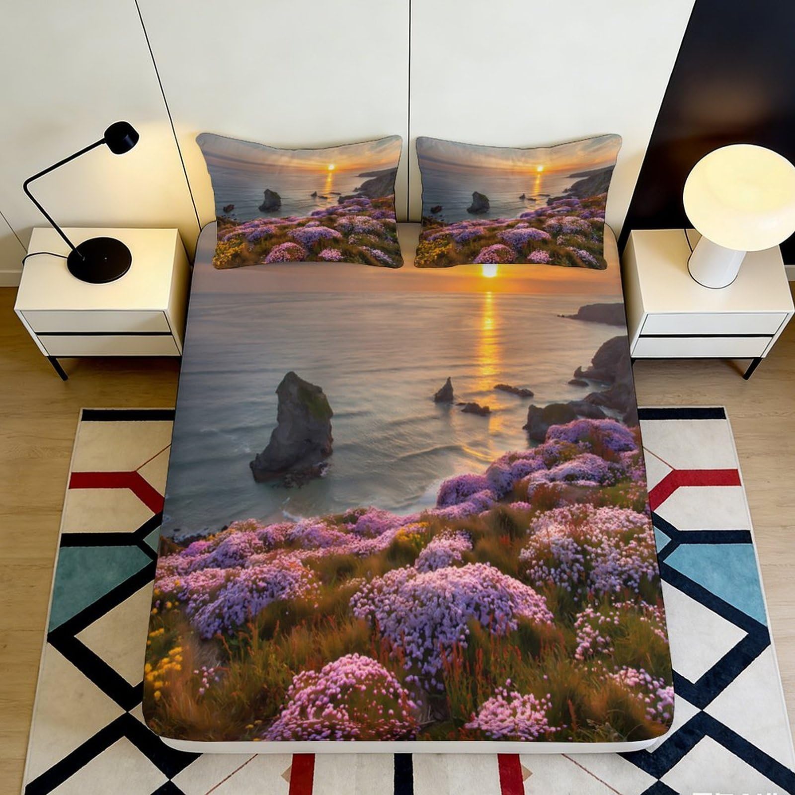 Dhbaneiok Style-10 3D Printed Sunset Coast Fitted Sheet Microfiber Purple Floral Bed Sheet For Bedroom Guest Room Decor Mattress Protection 90X200x25cm