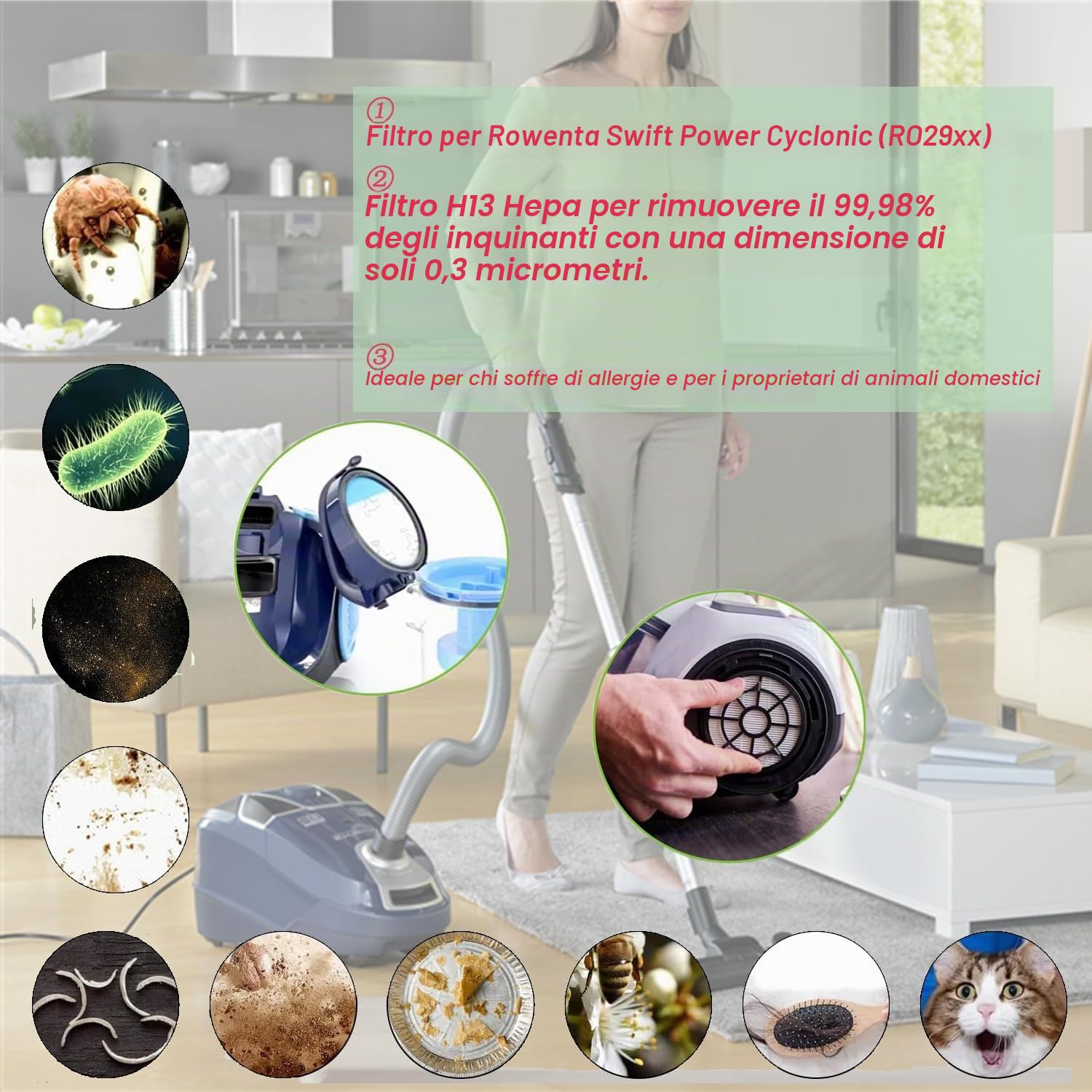 4 Pezzi Filtro per Rowenta Swift Power Cyclonic Aspirapolvere RO2910 RO2913 RO2915 RO2932 RO2933 RO2957 RO2981, Kit di Filtri HEPA con Filtro Spugna Ricambio di Accessori ZR904301
