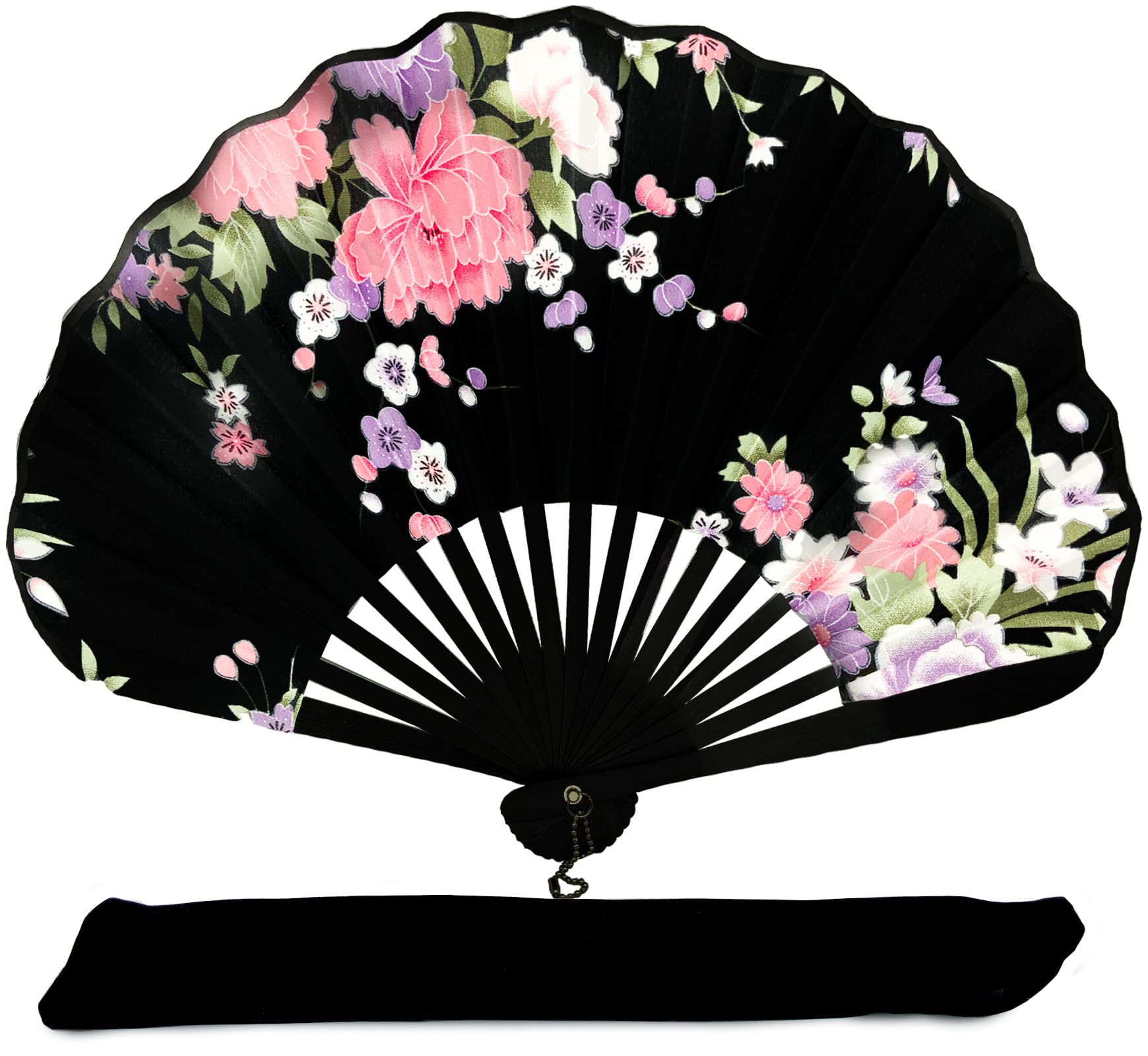 Folding Hand Held Fans, Rangebow Ascot Style Hand Held Fans for Women Girls Japanese Vintage Retro Silk Fabric Fan with a Matching Fabric Pouch Wedding Dance Church Party Gifts for Teachers (AS18)