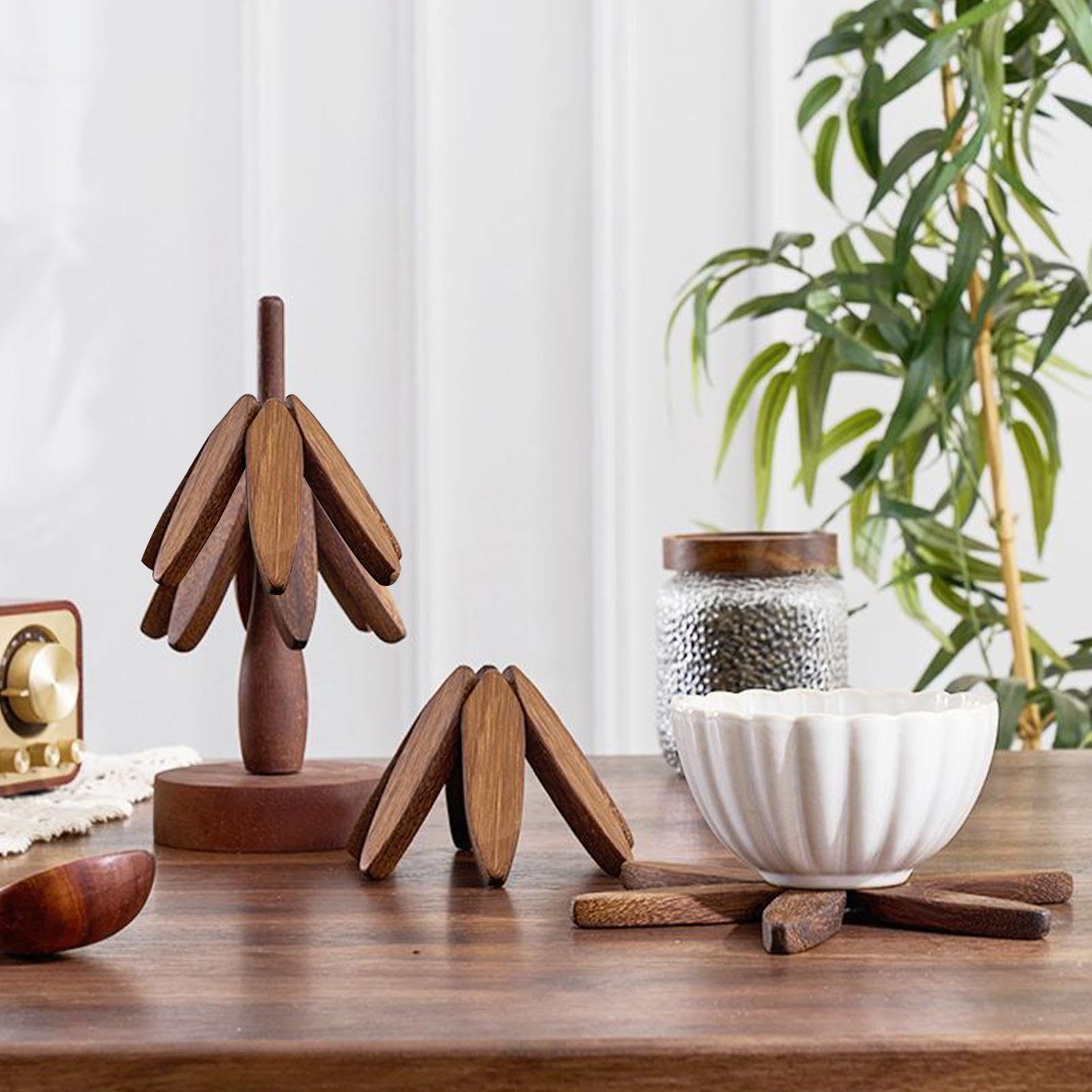 Wooden Tree Trivet Set - 4 Collapsible Hot Plate Stands With Storage Rack, Walnut