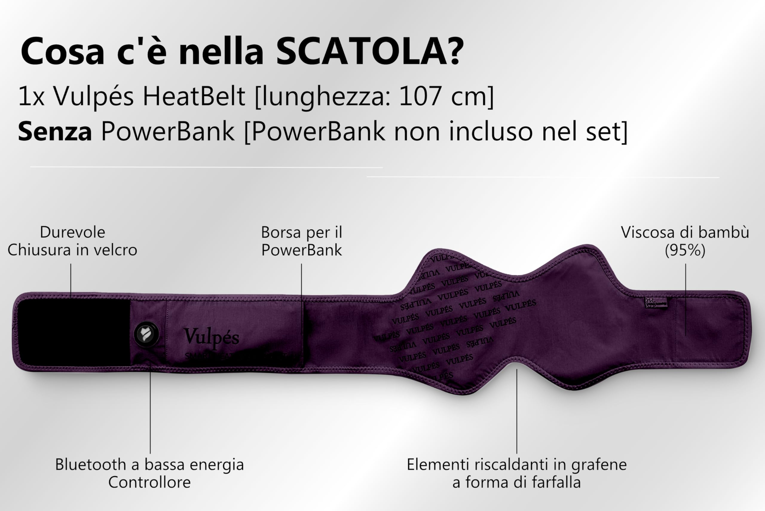 Vulpés Cintura renale riscaldata intelligente, supporto termico per schiena, reni e pelvici | controllo smartphone | progettato in Germania | senza powerbank (107 cm)