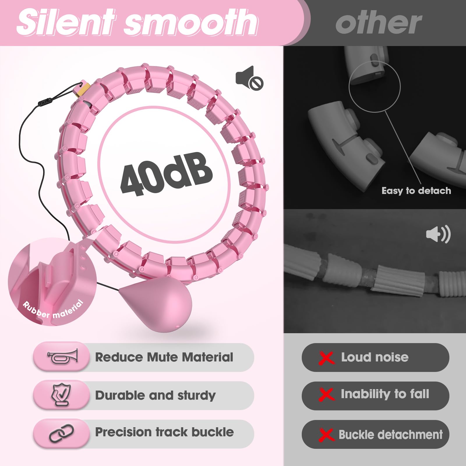 Smart Hoop Cerceau pour adulte avec boule de poids, ultra silencieux, pour perdre du poids, avec 32 segments amovibles, cerceau pour perdre du poids, tour de taille maximum 165 cm (rose)