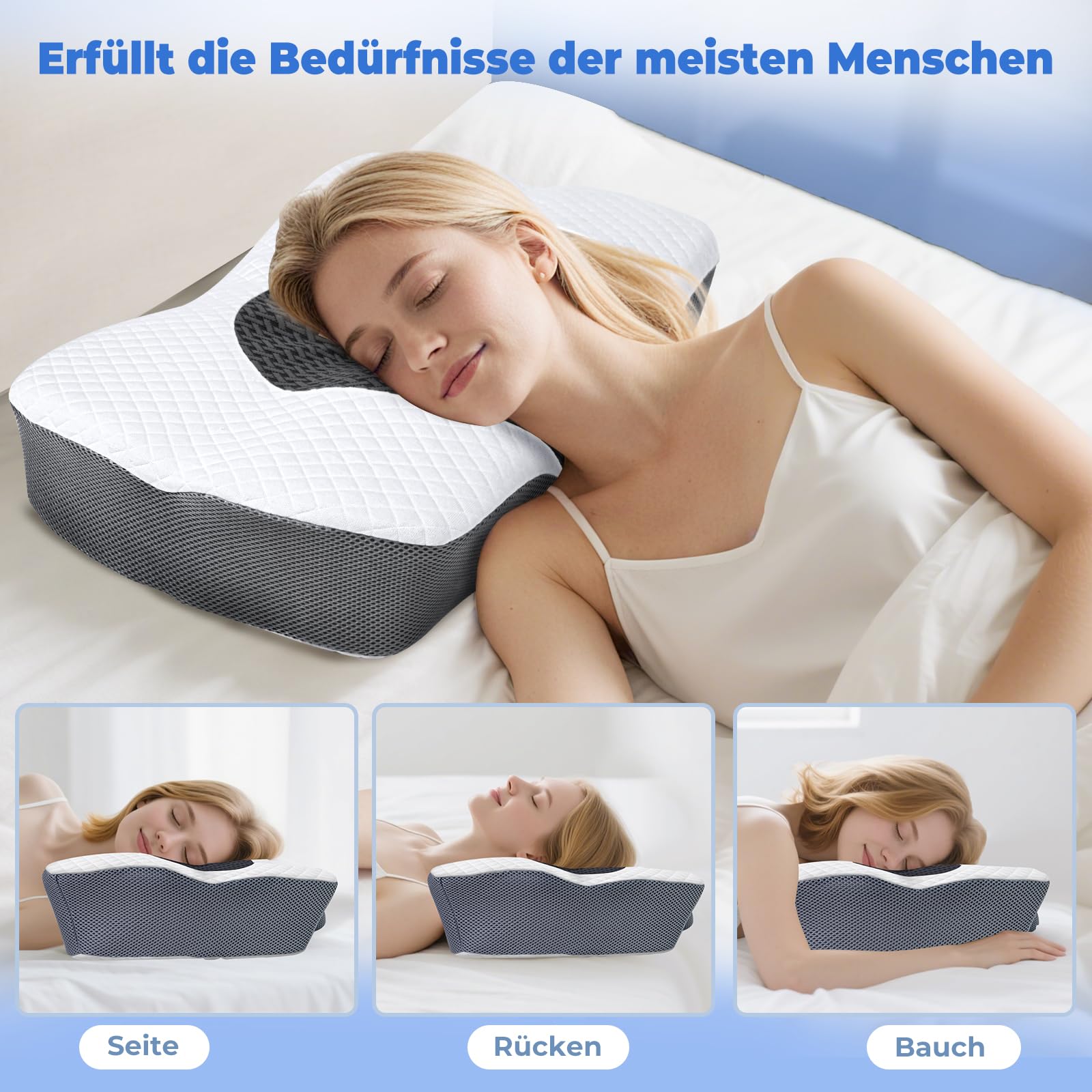 SAHEYER Ergonomisches Nackenkissen Kopfkissen,2 in 1 Orthopädisches Kissen Nackenstützkissen Memory Foam für Seiten,Rücken & Bauchschläfer,60 x 40 x 13/11 cm, Grau