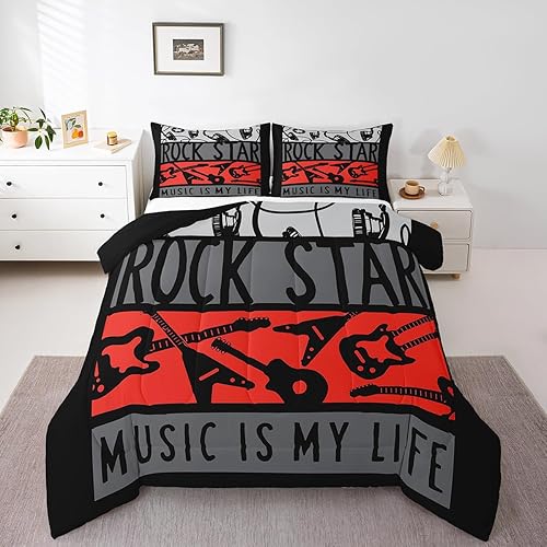 Juego de ropa de cama con música rock y guitarra eléctrica, edredón de temática musical punk rock popstar, edredón y juegos de ropa de cama con