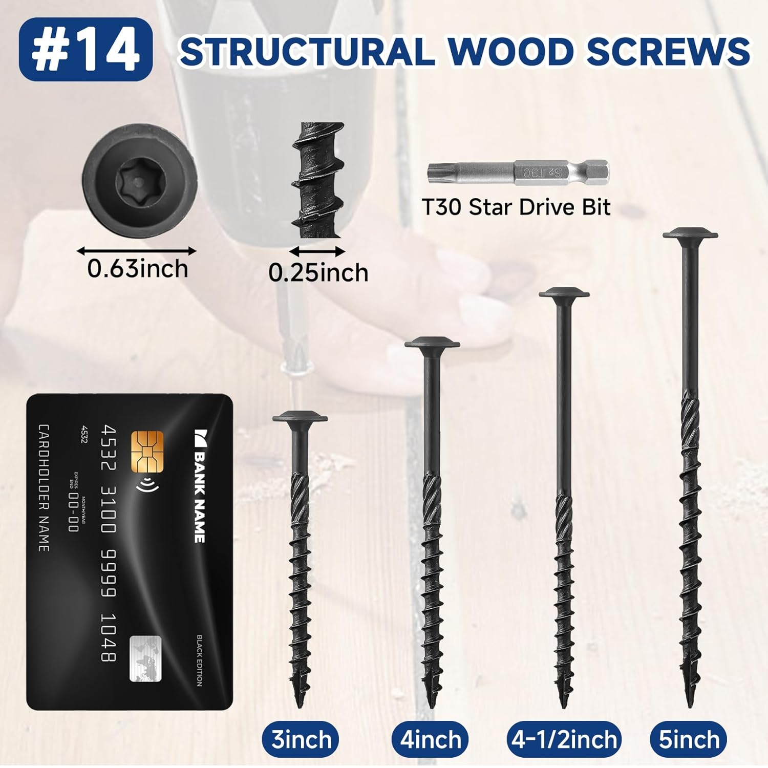 #14 x 3 Inch Structural Wood Screws Kit(85PCS), Heavy Duty Exterior Timber Screws, Black Lag Screws for Wood with Modified Truss Washer Head, Structural Construction Screws with T30 Star Drive Bit