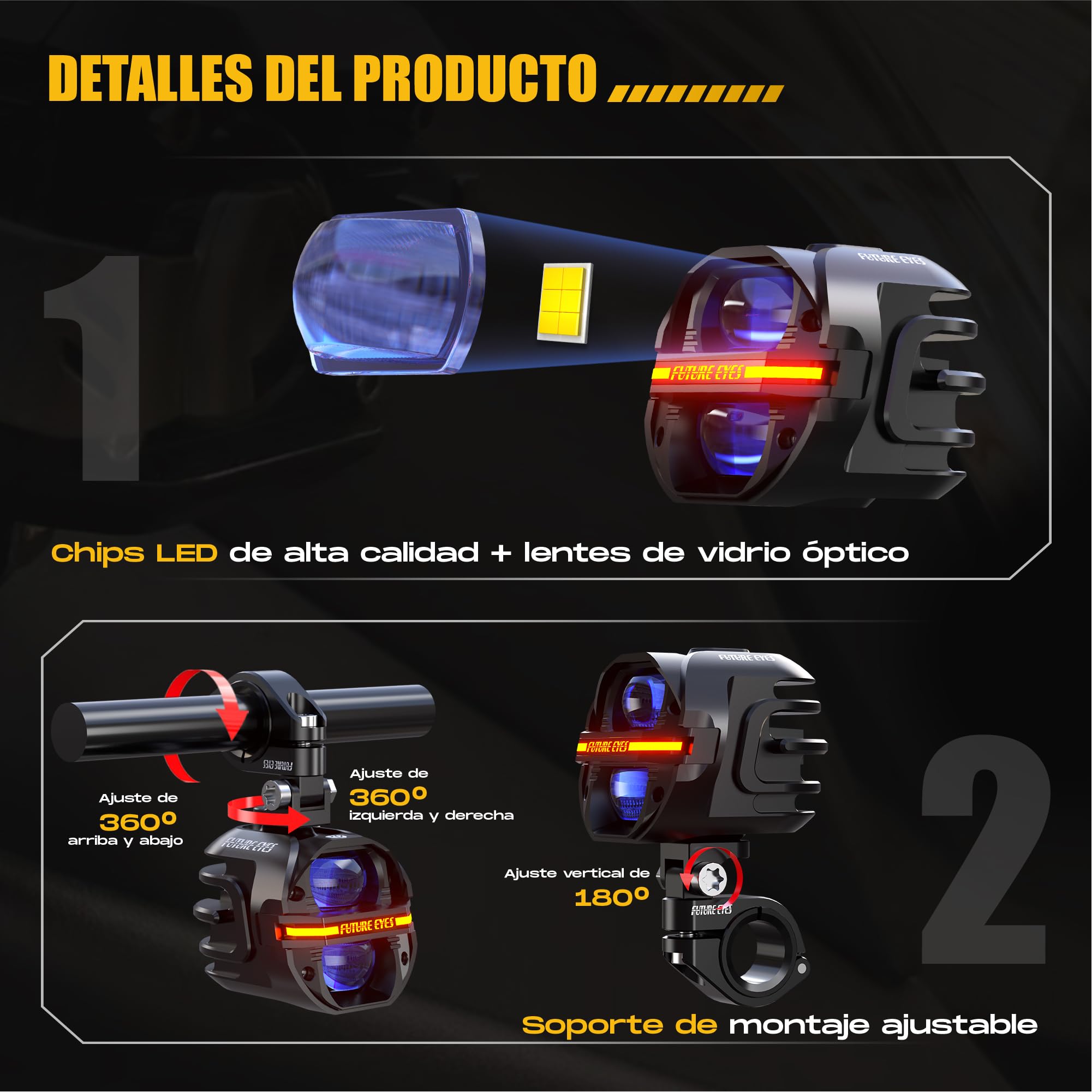 FUTURE EYES Faros Antiniebla Moto Homologados E57 CE, 120W 12000LM Faros Auxiliares para , Luces LED Moto con Doble Lente, Luces Auxiliares IP67 Impermeables