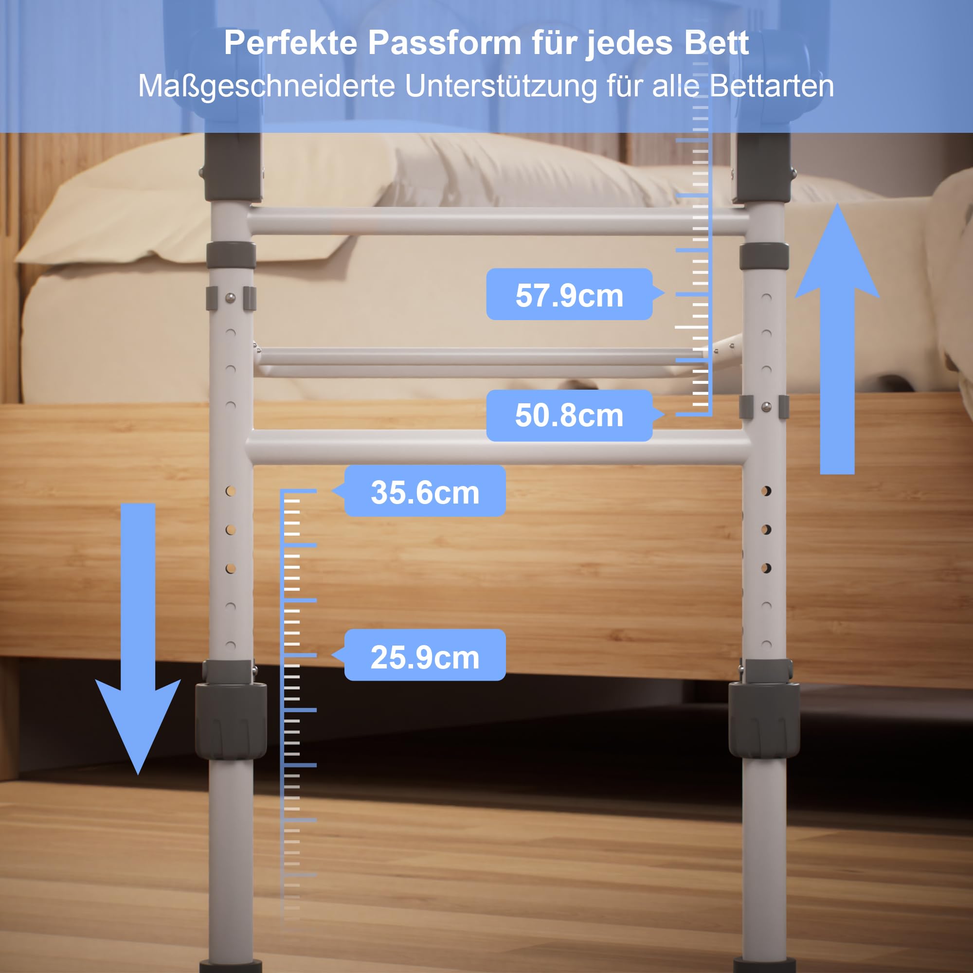 Sponda Letto Anziani,Sponde per letto Anziani con borsa Supporto Regolabile in Altezza Pieghevole,Maniglia Antiscivolo,Luce con Sensore di Movimento,Adatto a Qualsiasi letto,Portata 160 kg