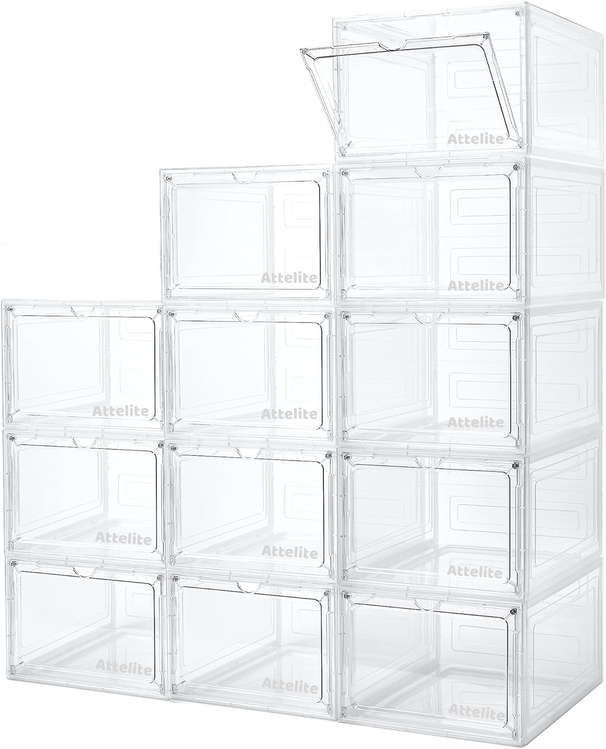 Attelite Upgrade 12pack Shoe Box Storage Containers,Thicken Sturdy Clear Stackable Plastic Shoe Organizer Box with Magnetic Door, X-Large Drop Front Shoe Box Clear White 12PC-XL-no stud