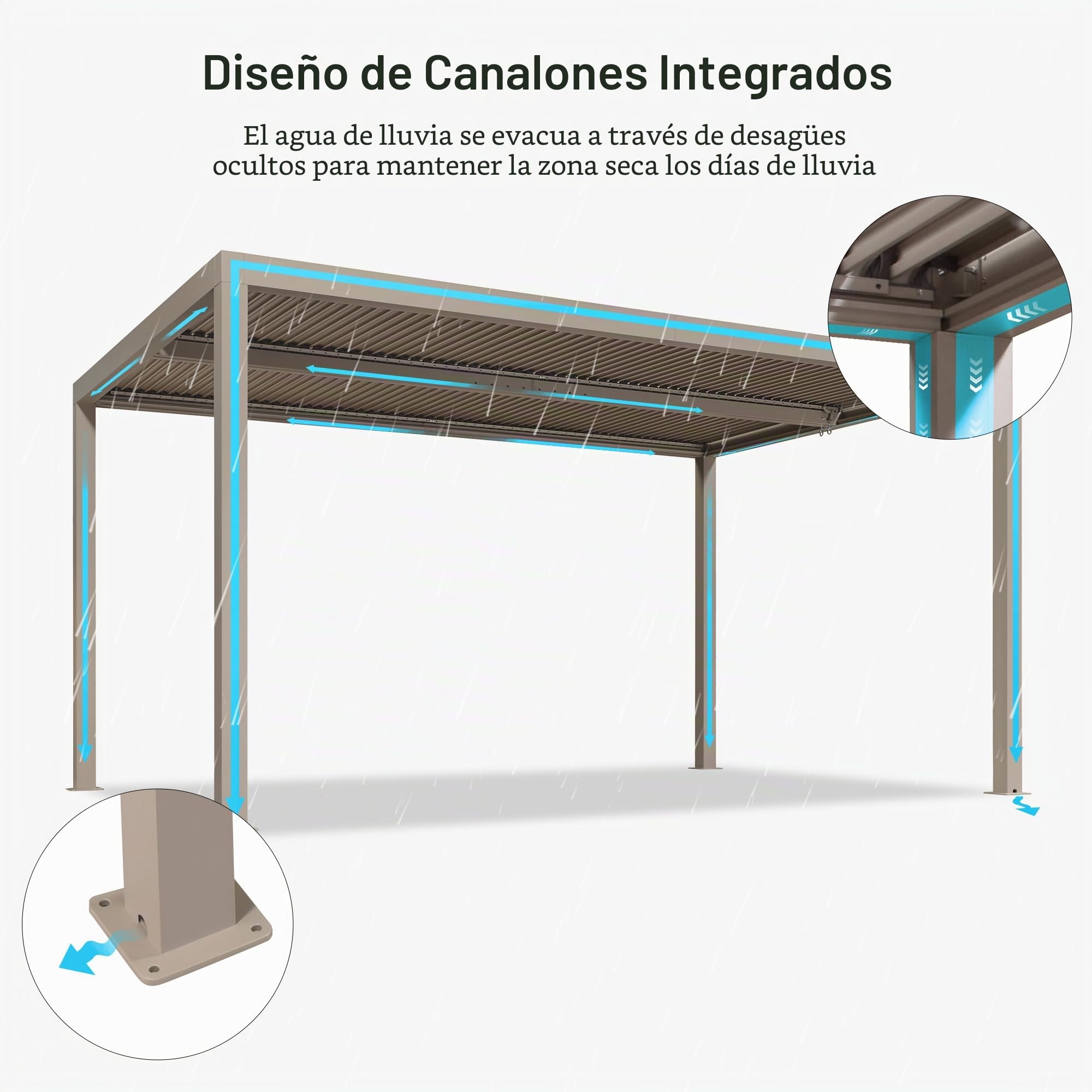 PURPLE LEAF Pérgola bioclimática 4,6 x 3 m, pérgola de jardín exterior en aluminio, cenador de jardín exterior sin mantenimiento con sistema de drenaje para terraza y balcón, color champán