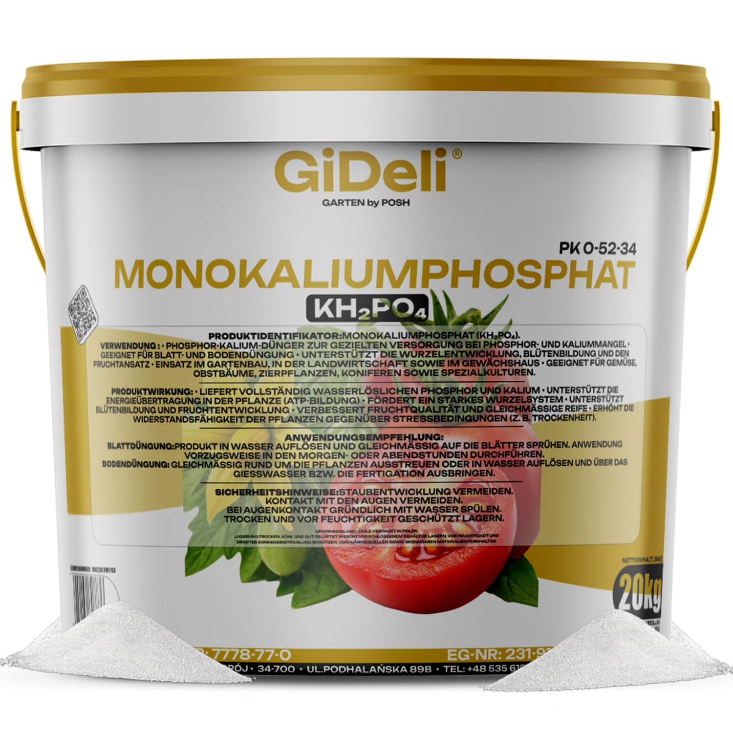 GiDeli Monokaliumphosphat MKP 20 kg - PK Dünger Pulver für Tomaten | hochkonzentriert 0-52-34, stärkt Blüte und Fruchtansatz, für Beeren Gurken Paprika, chlorfrei