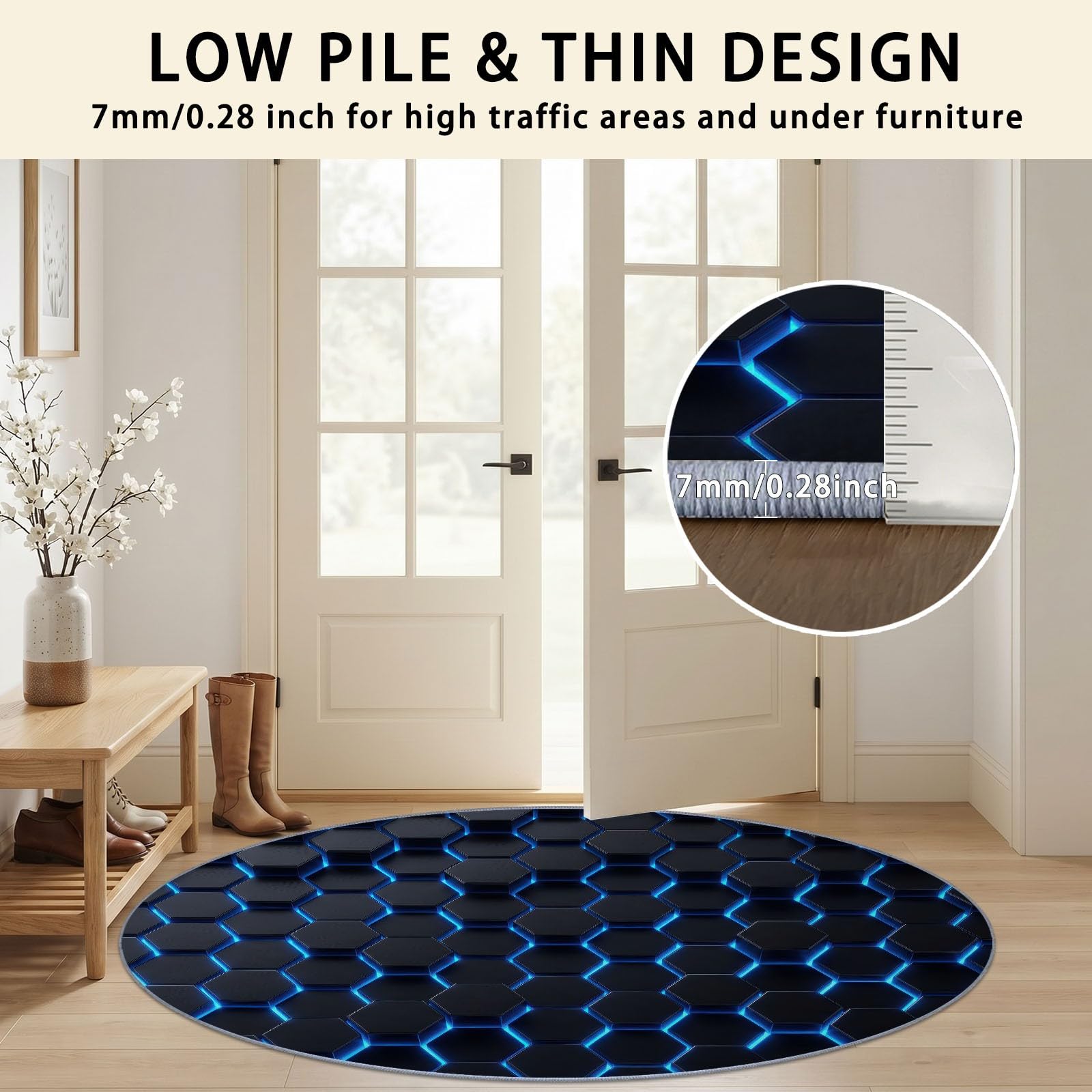 Generisch Kunst Teppich Rund 245 cm, Waschbare Teppiche, Moderne 3D-Metallische Hexagone Runder Teppiche, rutschfest Carpet, Bedruckter Teppich Schlafsaal, Schwarz Blau