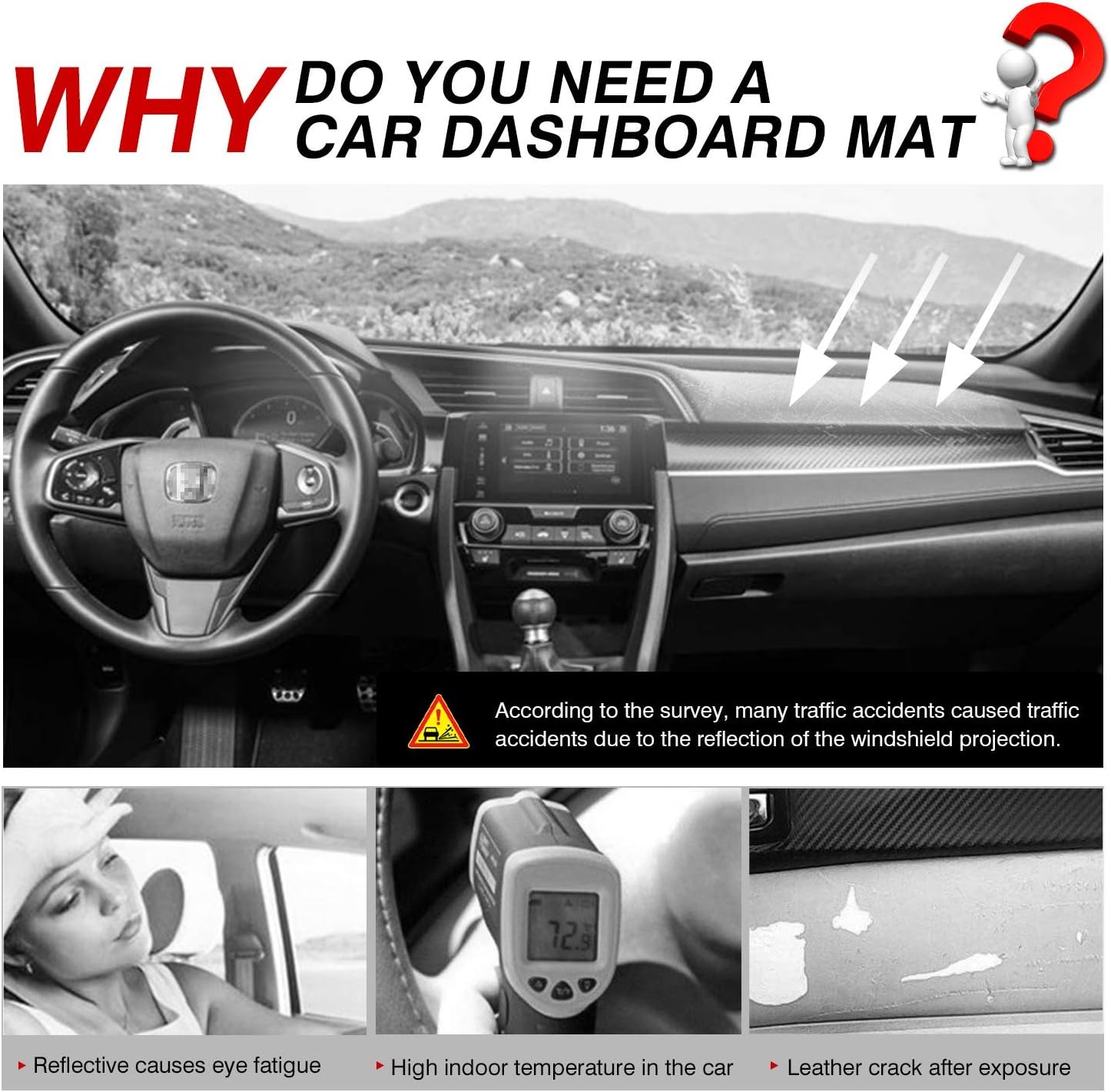 Autorder Dashboard Cover Mat for 2016-2021 Honda Civic Coupe Sedan/Hatchback Accessories Dash Cover Suede Dash Mat Sunshade Glare UV Rays Protector (Not Fit 2022 Civic)