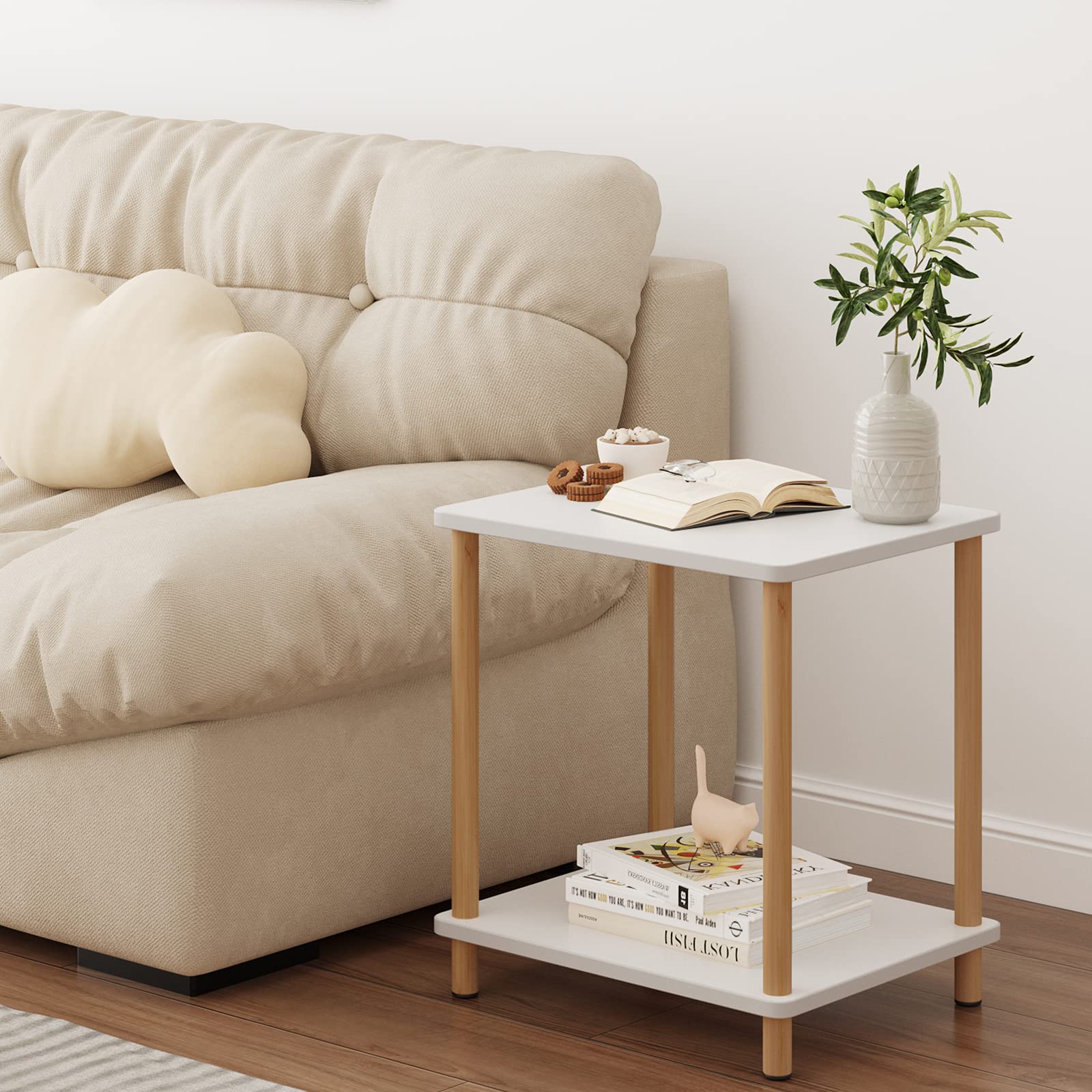 Fixwal Side Table 2-Tier Tall End Table with Storage Rack Wooden Nightstand White Bedside Table for Living Room Bedroom Office No-Tool Assembly