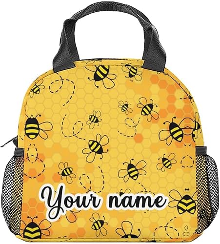 CUSPCOD Bolsas de almuerzo personalizadas con abeja, bolsa de almuerzo Bento reutilizable con correa para el hombro y bolsillos, pequeña lonchera