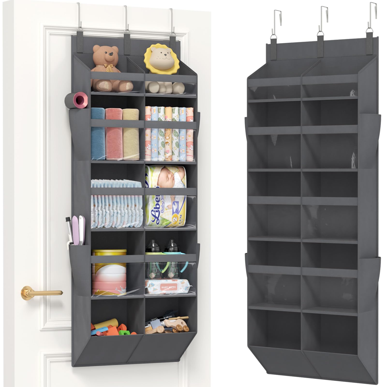 Lifewit Over the Door Storage, Clear Hanging Organiser with 4 Side Pockets, Anti Tilt 40 lbs Load Behind Door for Dorm, University Essentials, Room, Bedroom, Nursery,1Pack, 10 Section Grey