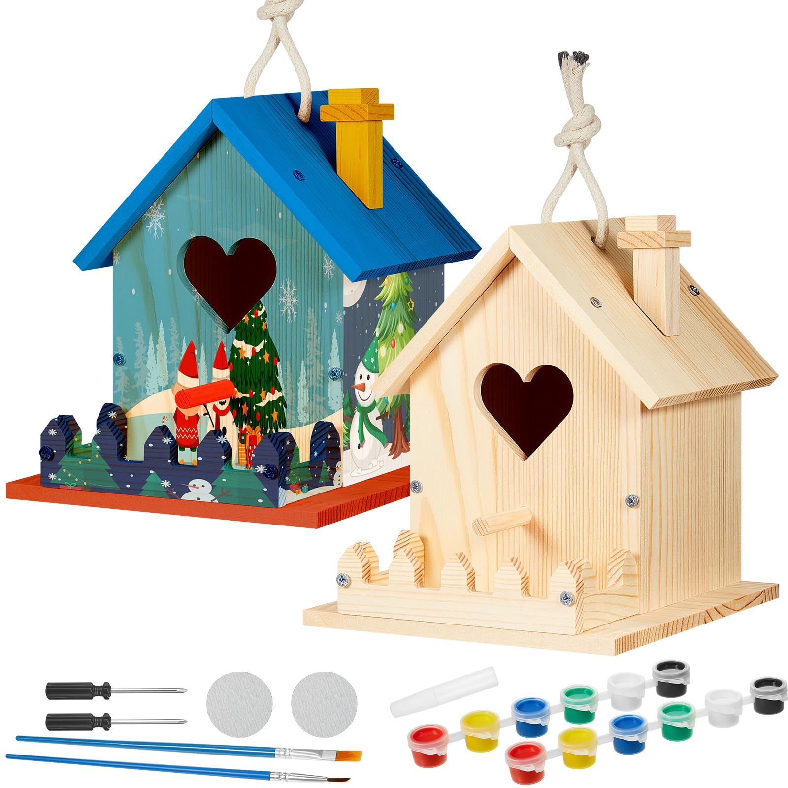 Juexica Juego de 2 casas de pájaros de madera para pintar para construir un bungalow de pájaros, manualidades para construir un hogar familiar, proyectos de arte y manualidades, regalo de Navidad,