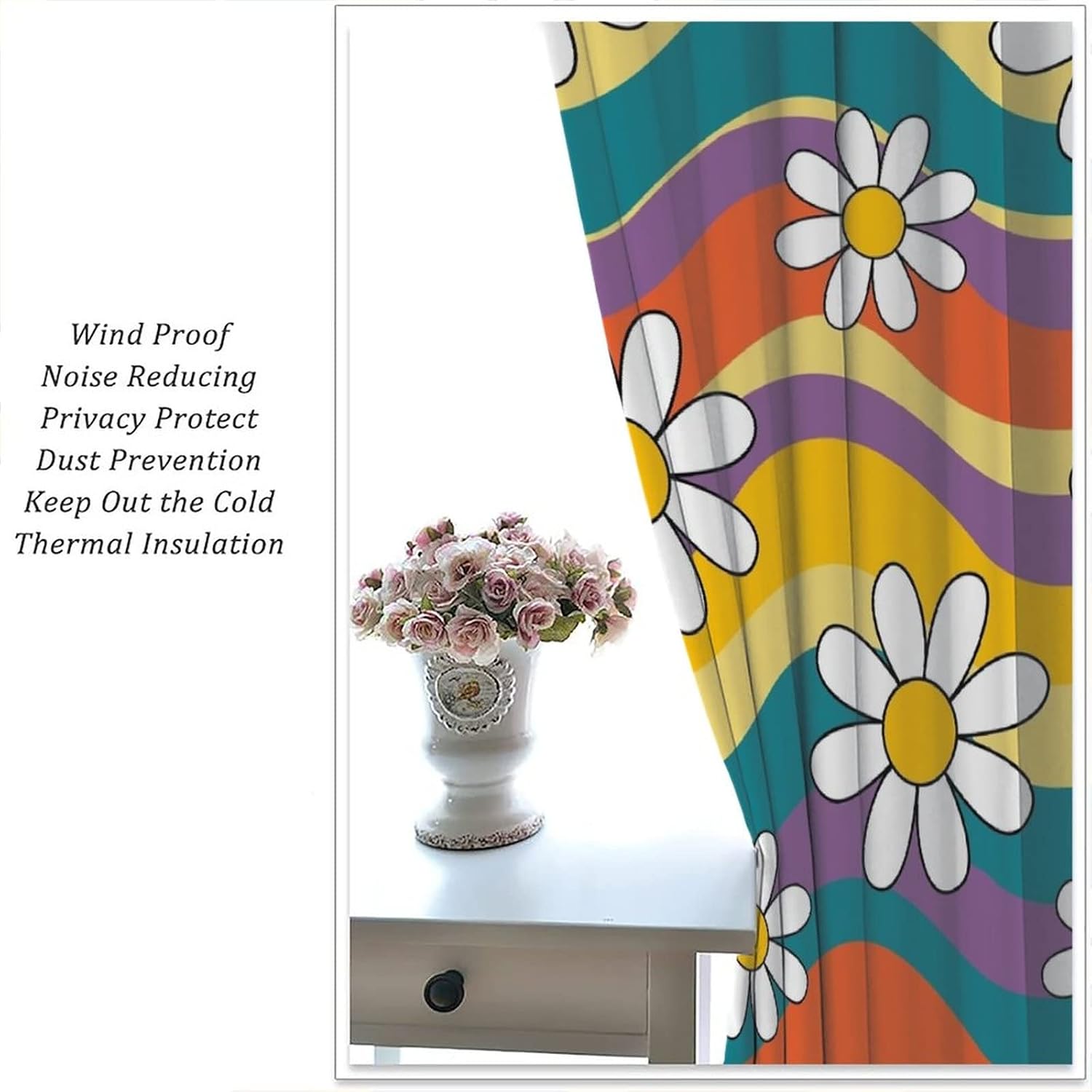 70s Retro Floral Window Curtains for Kids,Cute Cartoon White Chrysanthemum Flower Blackout Drapes,Boho Hippie Rainbow Vintage Colored Wave Abstract Print for Home Living Room 63x72in