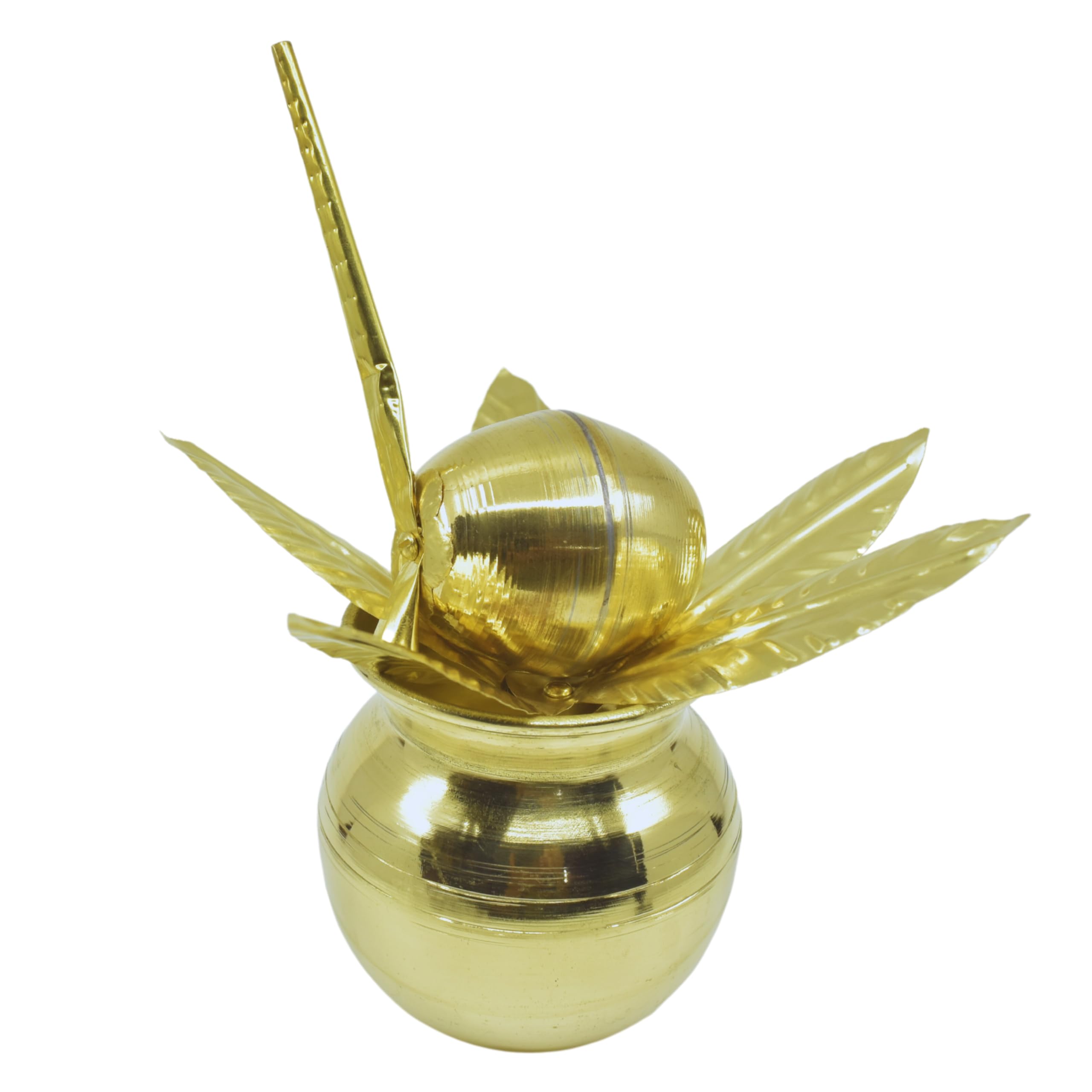 Brass Mangal Kalash Intricate Coconut and Mango Leaf, 3 Piece