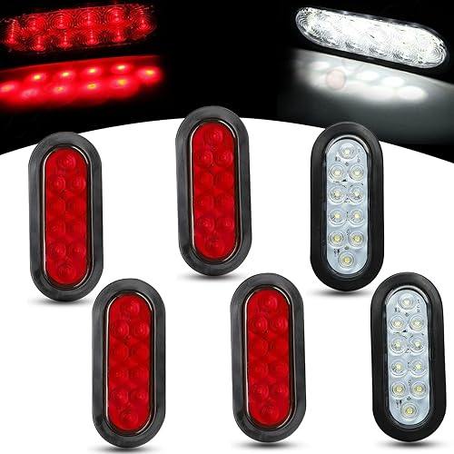 Juego de 4 luces traseras LED ovaladas de 6 pulgadas rojas + 2 blancas, 10 luces LED para frenos, giros, marcha atrás, reversa, luz trasera para