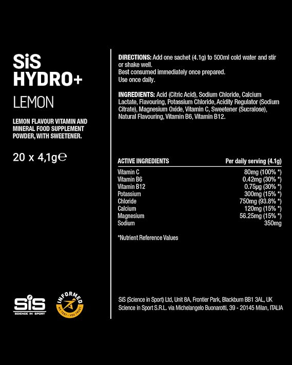 Science in Sport Hydro+ Electrolyte Drink Mix, Lemon, 20 Sachets