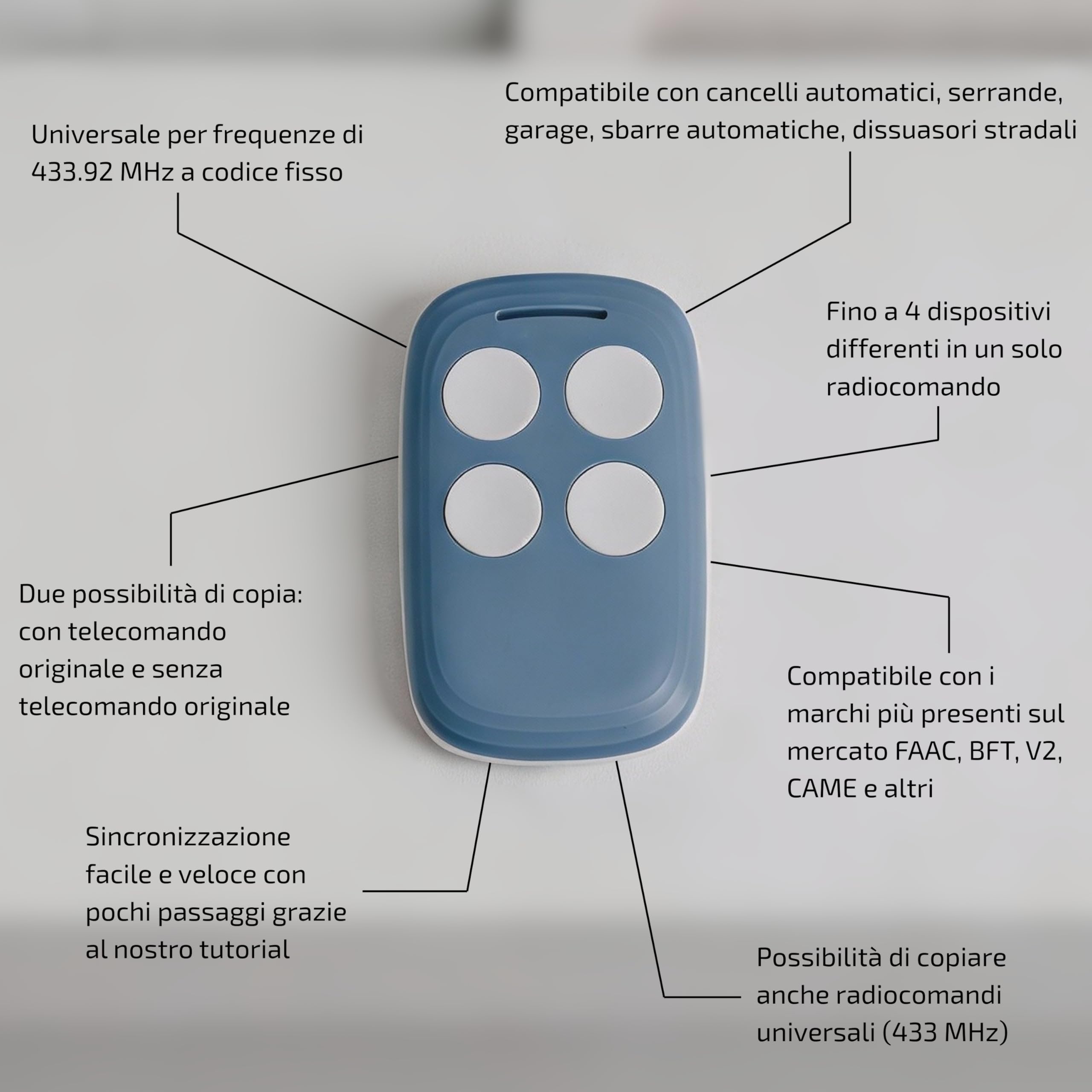 Quick 4in1 - Telecomando Universale di ricambio per FAAC, BFT, CAME, V2 e tutti gli universali | Duplica Fino a 4 Telecomandi | Per Cancelli, Garage, Serrande, Sbarre automatiche - 3
