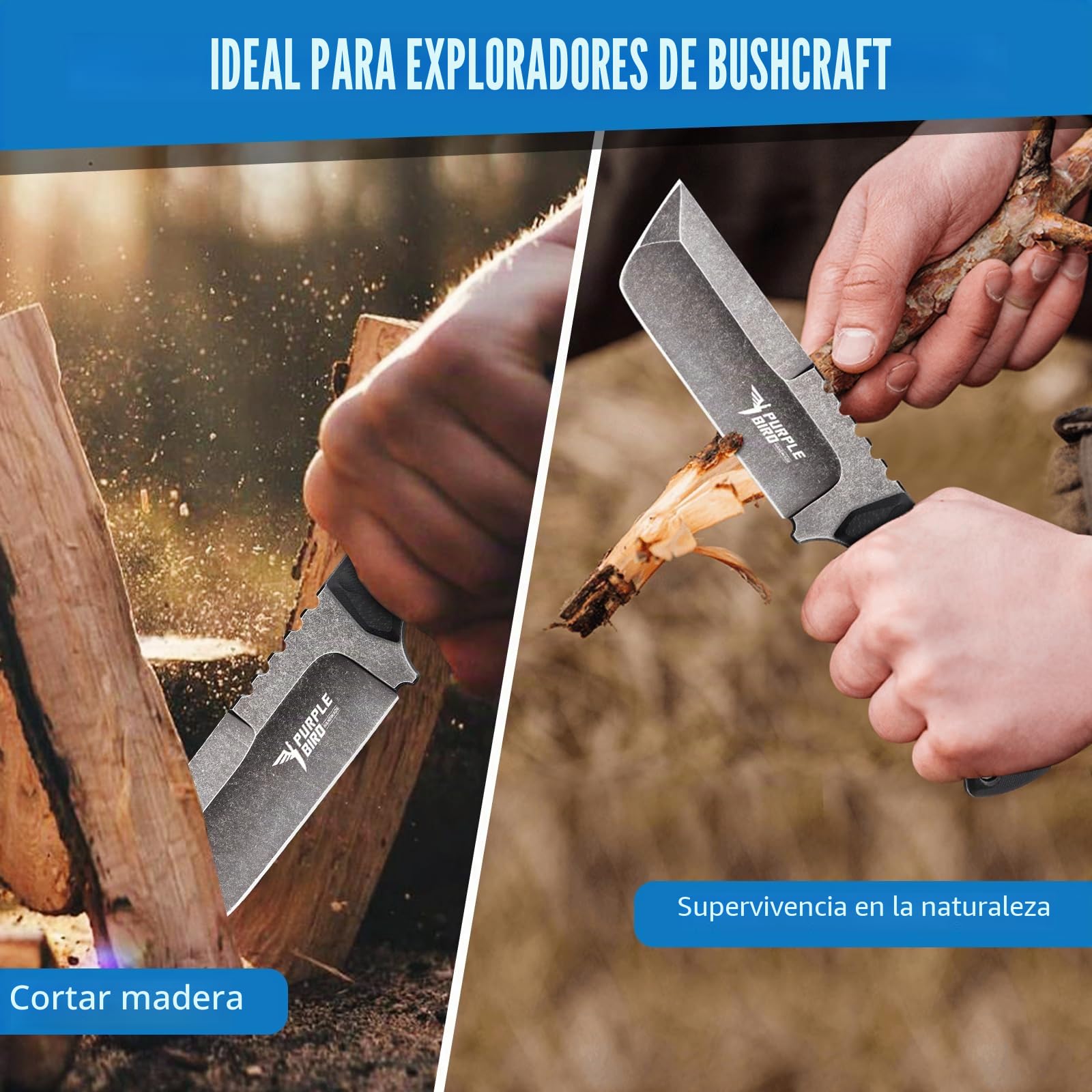 PURPLEBIRD Cuchillo Caza Hoja Fija Bushcraft para Exterior | Cuchillo de hoja fija para bushcraft, camping y aventuras en naturaleza.