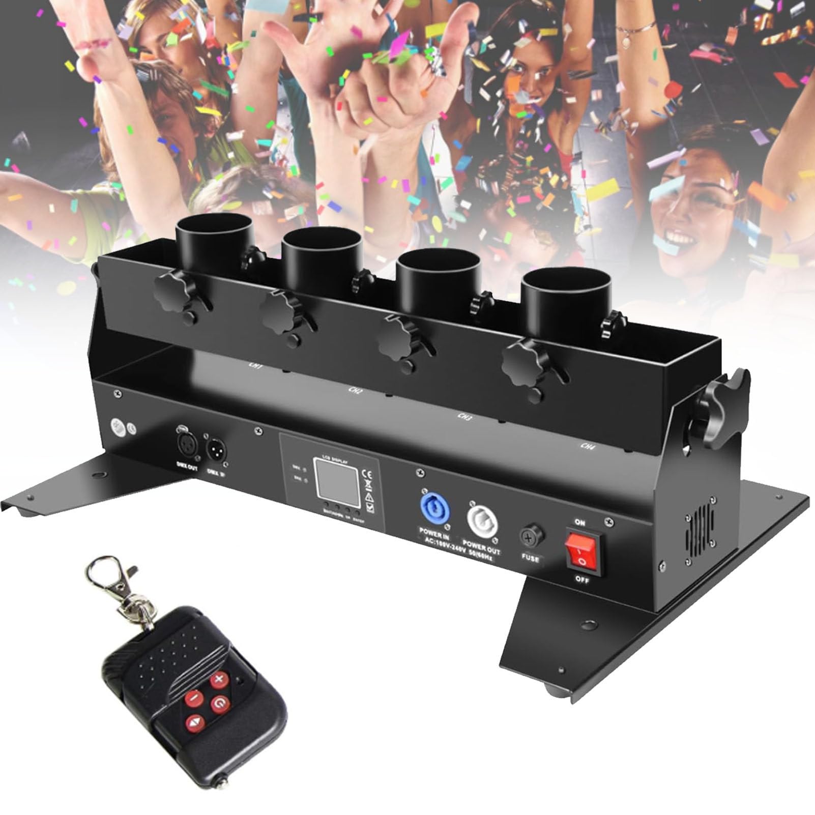 Macchina lanciacoriandoli Professionale, 4 Colpi di coriandoli, Macchina lanciacoriandoli, Cannone per coriandoli DMX/Telecomando per Matrimoni, spettacoli, Discoteche, Club, palco, Feste