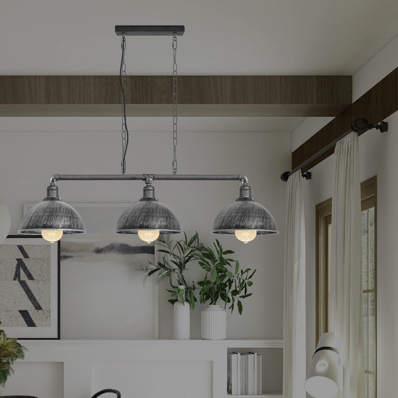 DC VOLTAGE Lámpara de techo industrial de 3 luces con tubo de agua de metal plateado cepillado, pantalla de cúpula vintage de 21 cm con cadena colgante para sala de estar, restaurante, cafetería