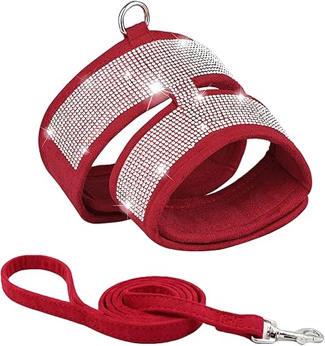 Juego de arnés y correa para perro sin tirones, arnés de gamuza suave con diamantes de imitación para gato, cachorro, perros pequeños que caminan (M