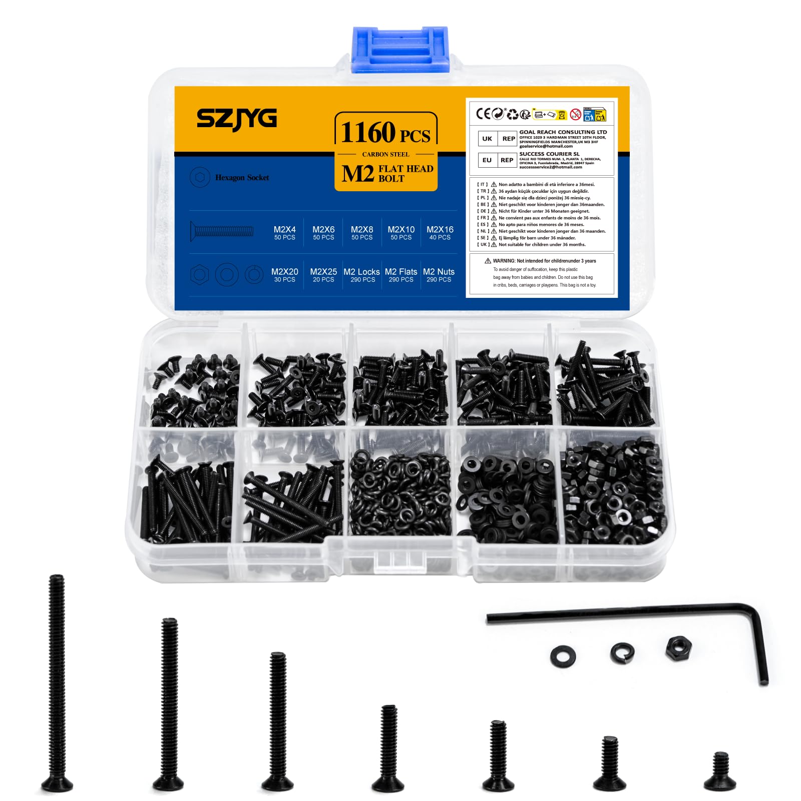 1160 Pcs M2 Screws Set, Countersunk Bolts and Nuts Set, Carbon Steel Countersunk Flat Head Screws Nuts and Bolts Assortment with Washers, Flat Hex Socket Head Cap Screwsset