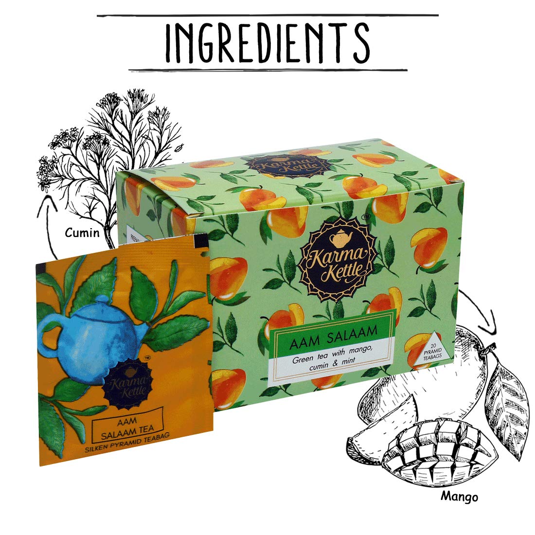 Karma Kettle Karma Kettle, Aam Salaam- Mango Tea, Black Tea with Mangoes & Cumin, Fruit Tea, Healthy and Delicious, No Added Sugar, Low in Calories, 20 Pyramid Teabags, 530 g - Image 2 thumbnail