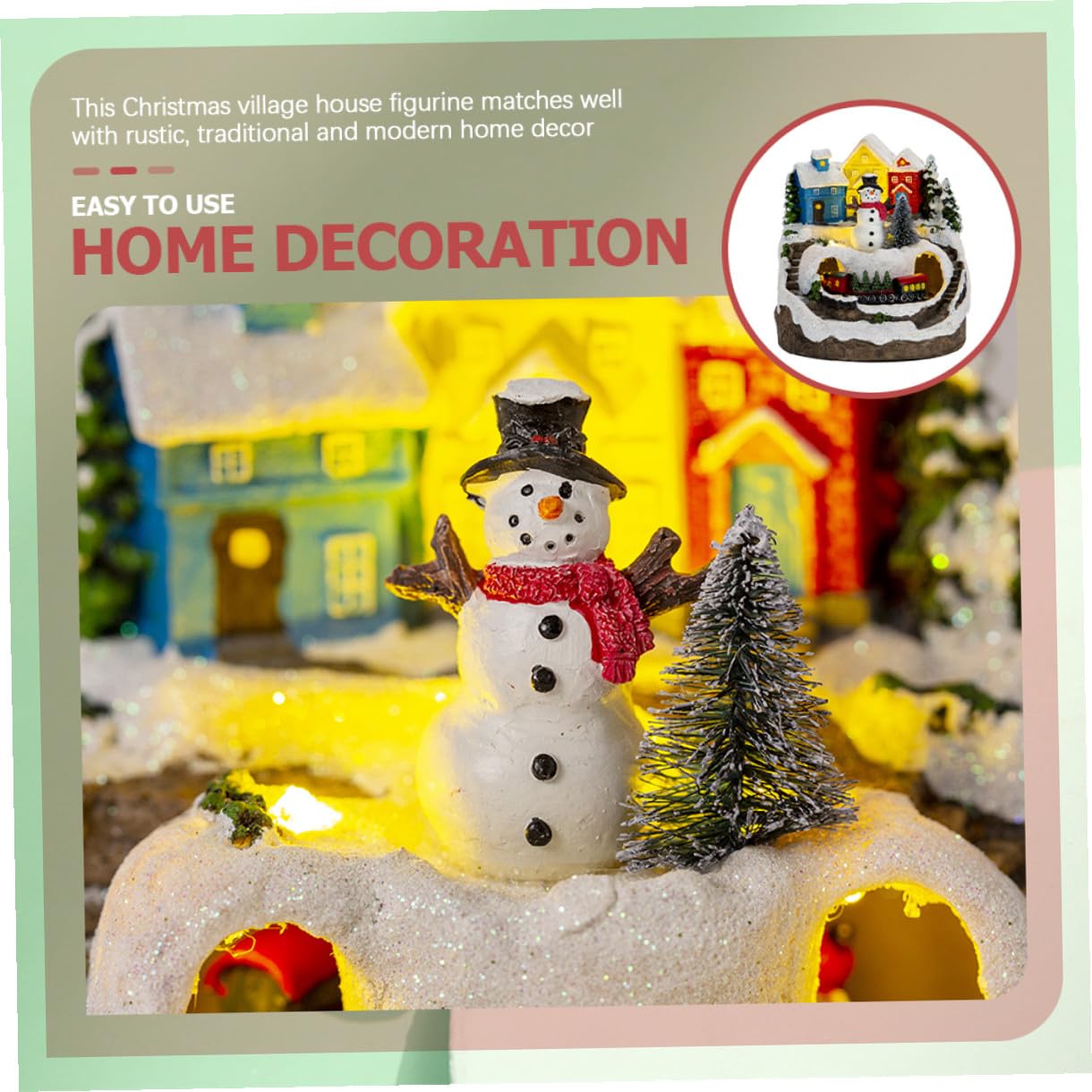Casa Iluminada Navideña de Resina con Sonido y Tren, Adorno Rústico para Mantel y Cocina, Adorno Tradicional para Mesa de Navidad