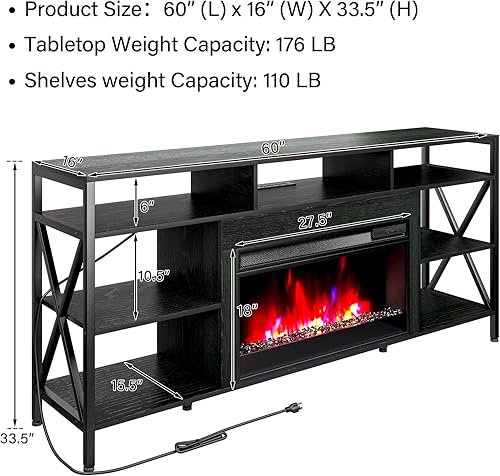 Miniatura 9 de TC-HOMENY Soporte de TV de 60 pulgadas con chimenea eléctrica de 27.5 pulgadas, consola de TV con regleta de alimentación para televisores de hasta