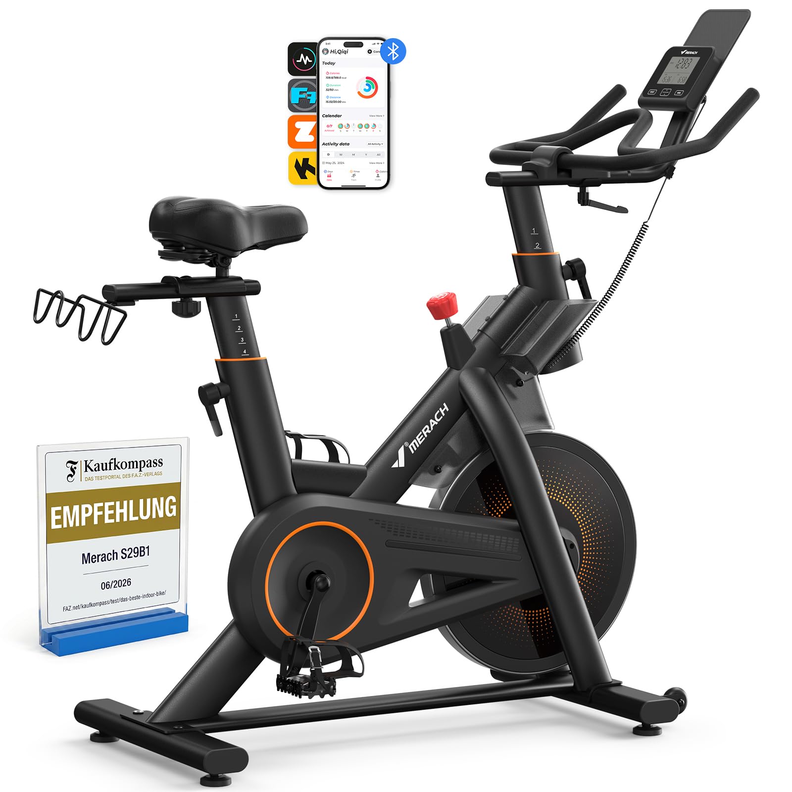 MERACH Bicicleta estática con resistencia magnética, silenciosa, con cojín de asiento cómodo mejorado, bicicleta de interior con soporte para tableta, aplicación propia, hasta 158 kg