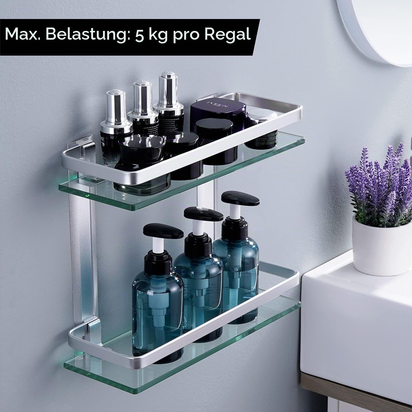 KES Glasregal Duschablage 35 cm, Glas Badregal 8mm Hartglas Badezimmer Regal Wandregal Dusche Ablage Sicher Wandmontage Aluminium Silber, A4126B