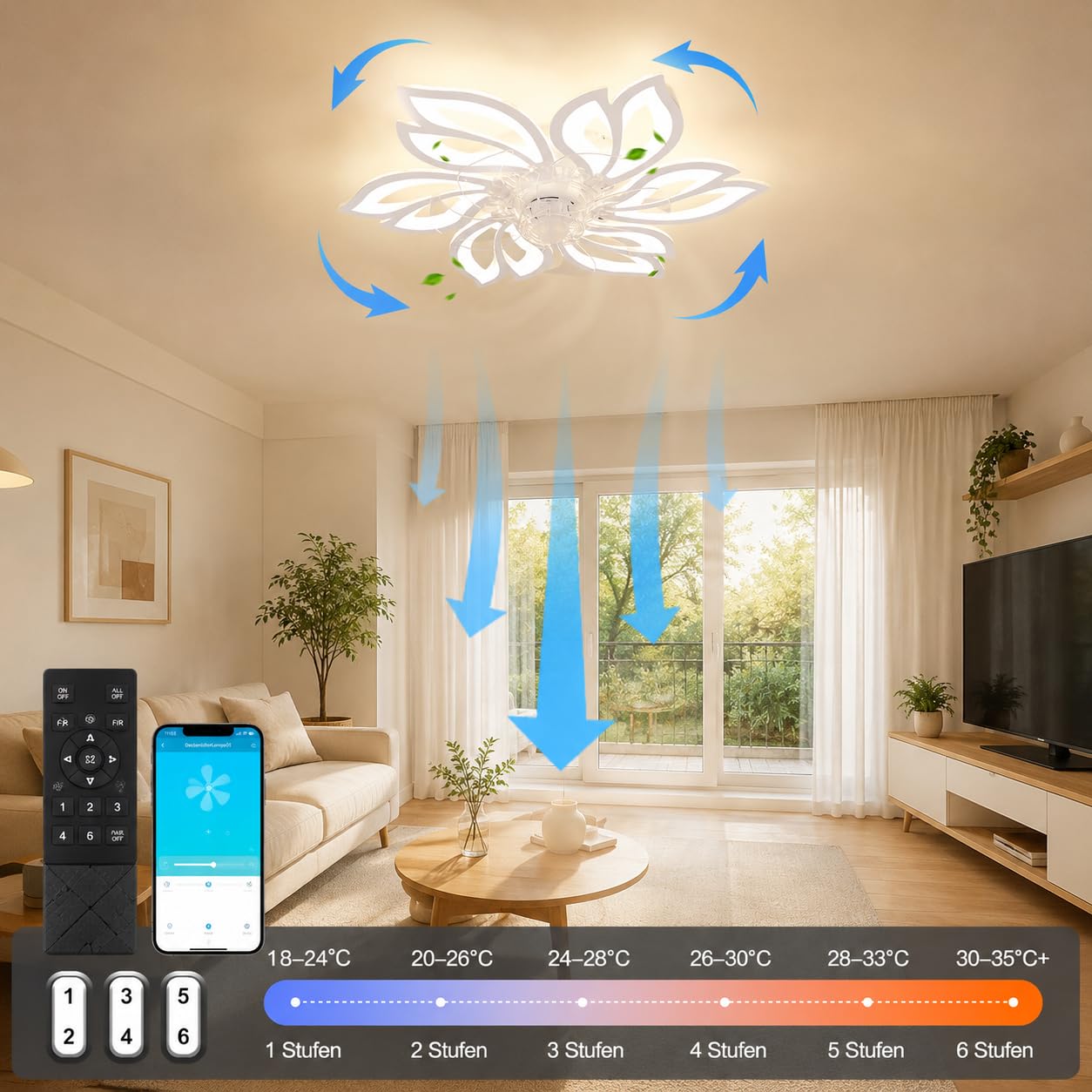 Homefire Deckenventilator Mit Beleuchtung und Fernbedienung Leise - LED Deckenlampe APP Dimmbar Ventilator Timing Deckenleuchte Kreativer 6 Lichter Design Wohnzimmer Fan Winter/Sommer für Schlafzimmer