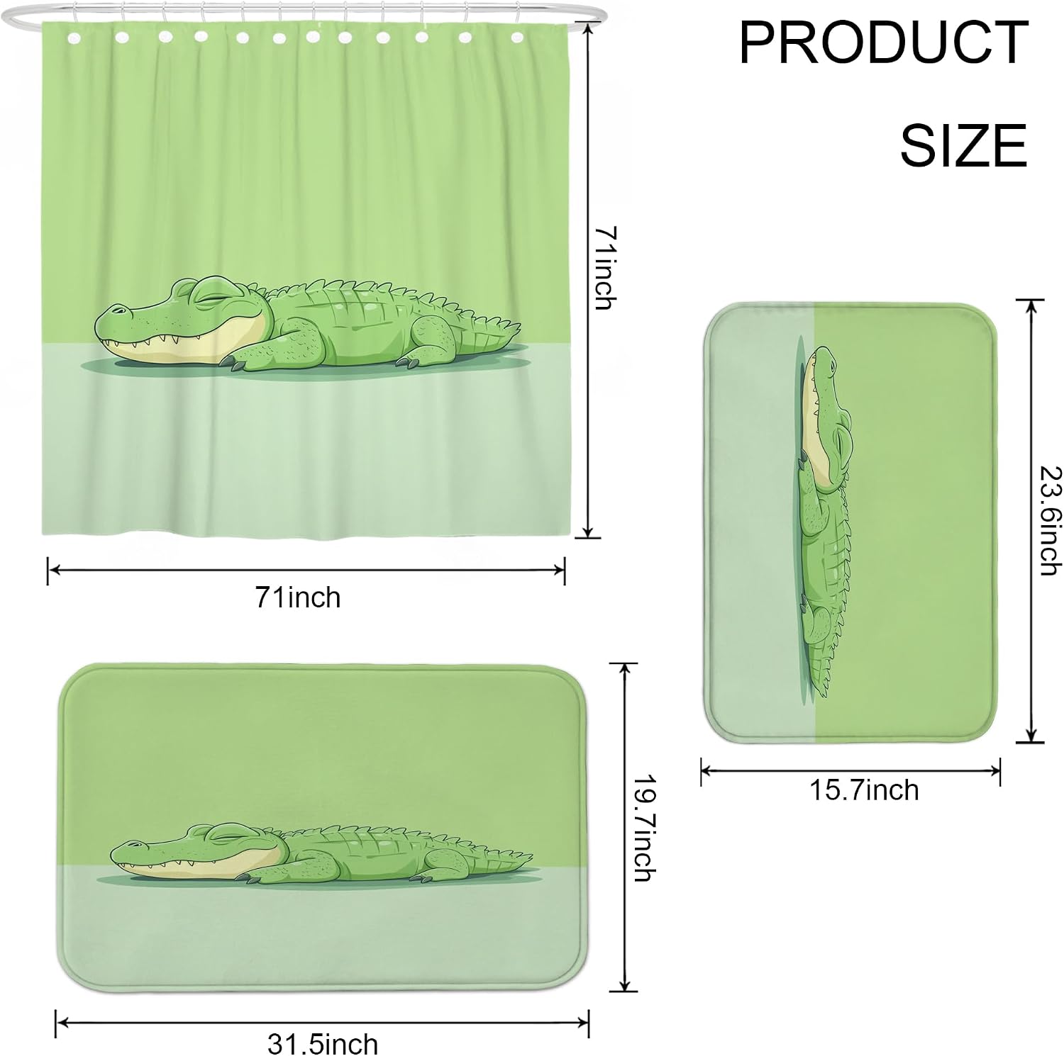 3PCS Cartoon Fun Crocodile Bathroom Accessory Set with Two Non-Slip Washable Bath Rugs (16x24&20x32), Kid Alligator Funny Bathroom Mat Decorative-72''x72'''