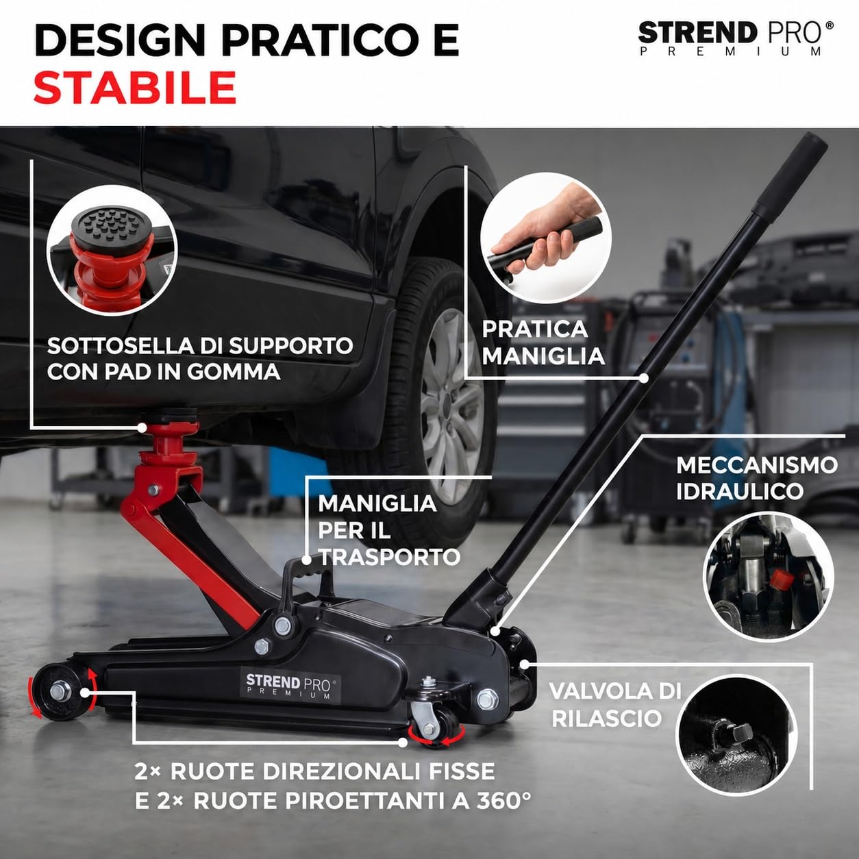 STREND PRO Premium Cric idraulico a carrello 2,5 t, profilo ribassato, altezza 80-360 mm, con ruote e adattatore in gomma per auto