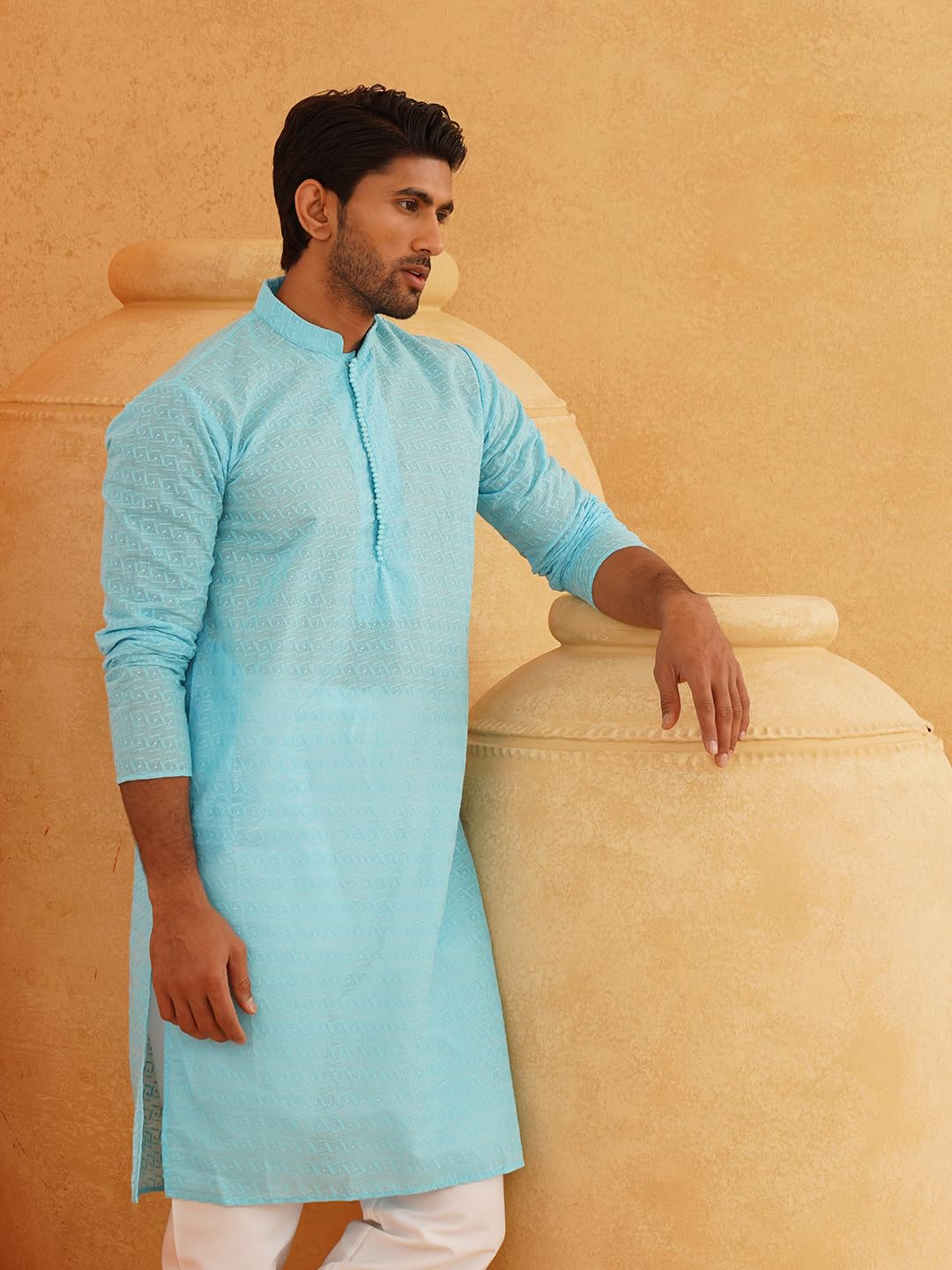 Sojanya (Since 1958 Ethnic Motifs Embroidered Thread Work Pure Cotton Sky Blue Straight Only Kurta