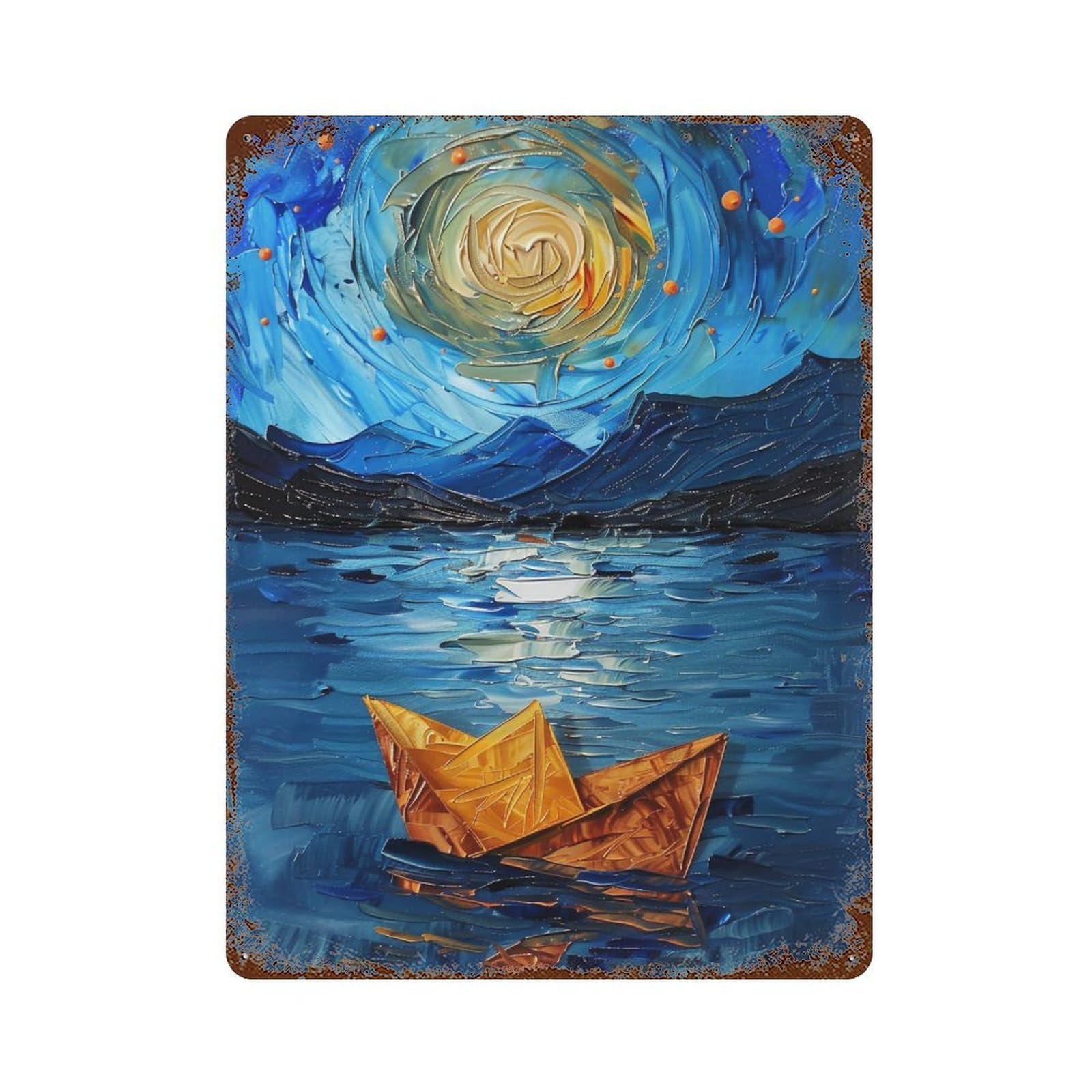 WIHYRTUI Van Gogh Style Twirl Blue Night Waterscape with Golden Vessel 03 Wall Retro Iron Metal Tin Sign Vintage Art Poster Modern Home Cofffee Club Art Bar Shop Decor Style 40x30cm