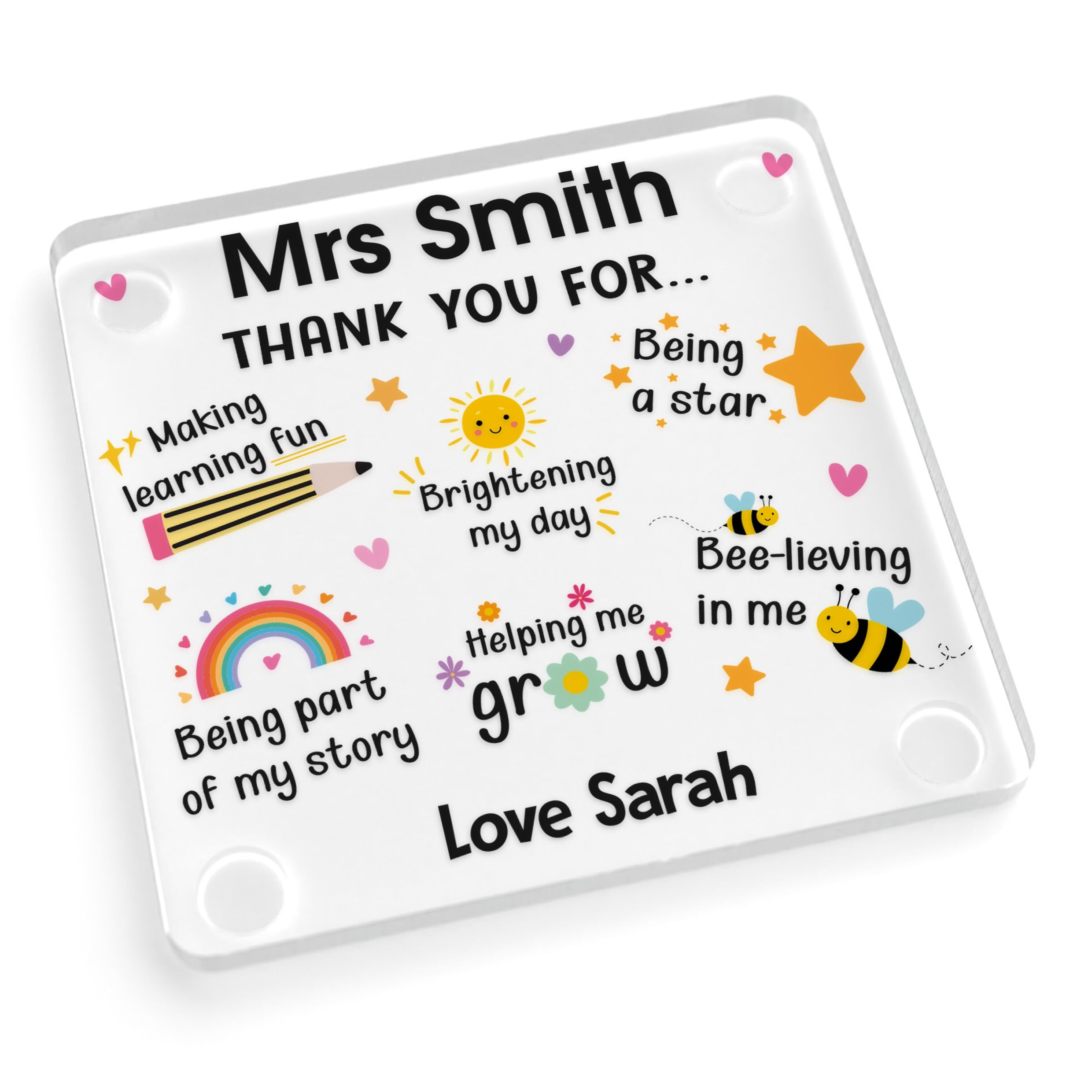 Beecreative Personalised Teacher Coaster Gifts - Custom Clear Acrylic Square Coasters - Teaching Assistant Thank You Gift - With Grey Bag