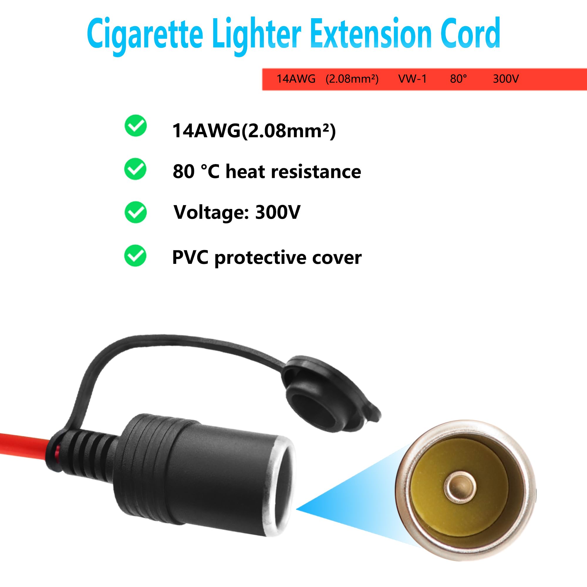 HuaLiSiJi Prolunga Cavo Accendisigari 12V 24V Prolunga Accendisigari Auto a LED 14AWG Viene Fornito con Fusibile 15A 20A, per Auto, Camion, Camper (0,3 m