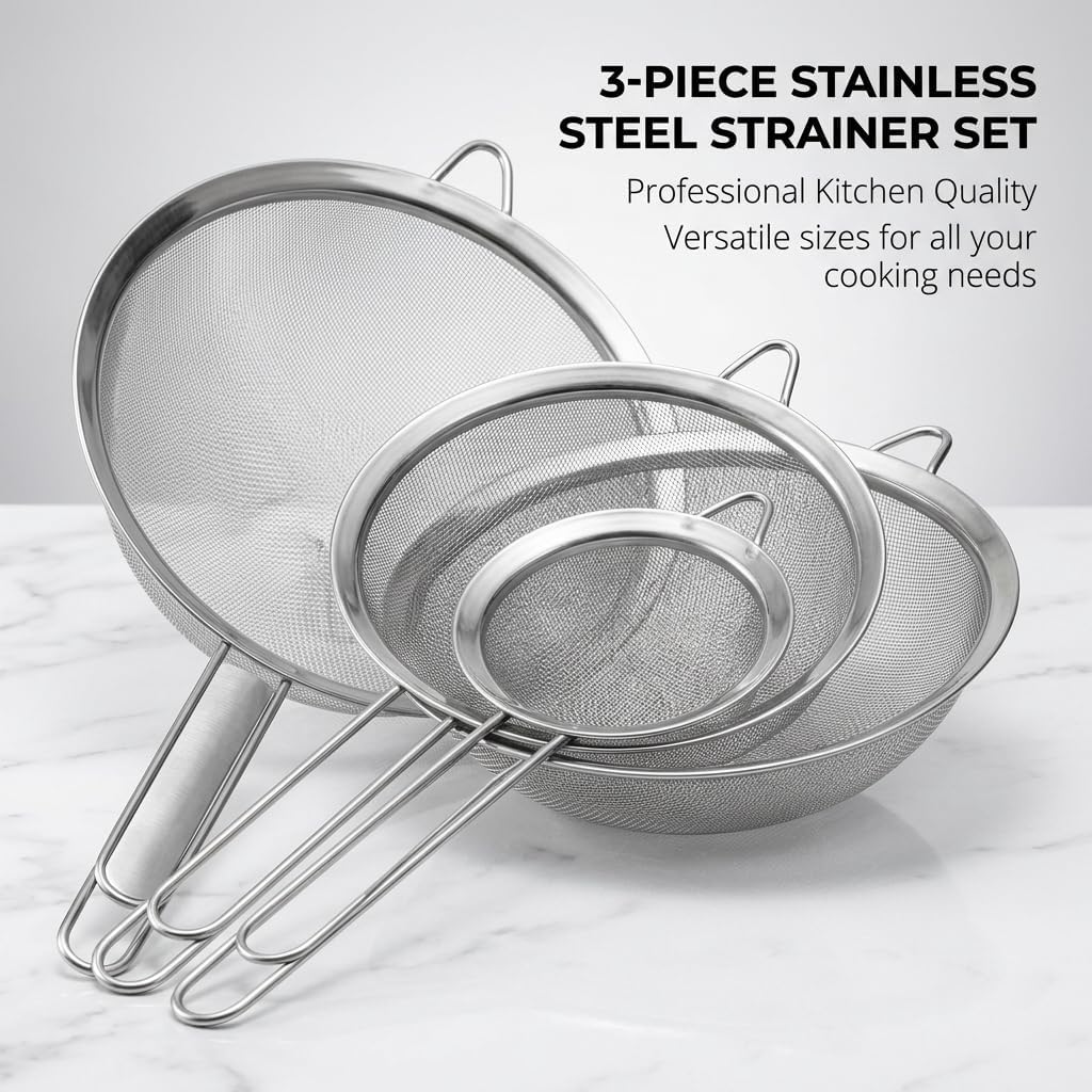 3-Piece Professional Stainless Steel Fine Mesh Strainer Set - 6", 4.5", and 2.75" Sizes - Versatile Kitchen Sieve for Pasta, Flour, Tea, Juice & Quinoa - Durable & Dishwasher Safe