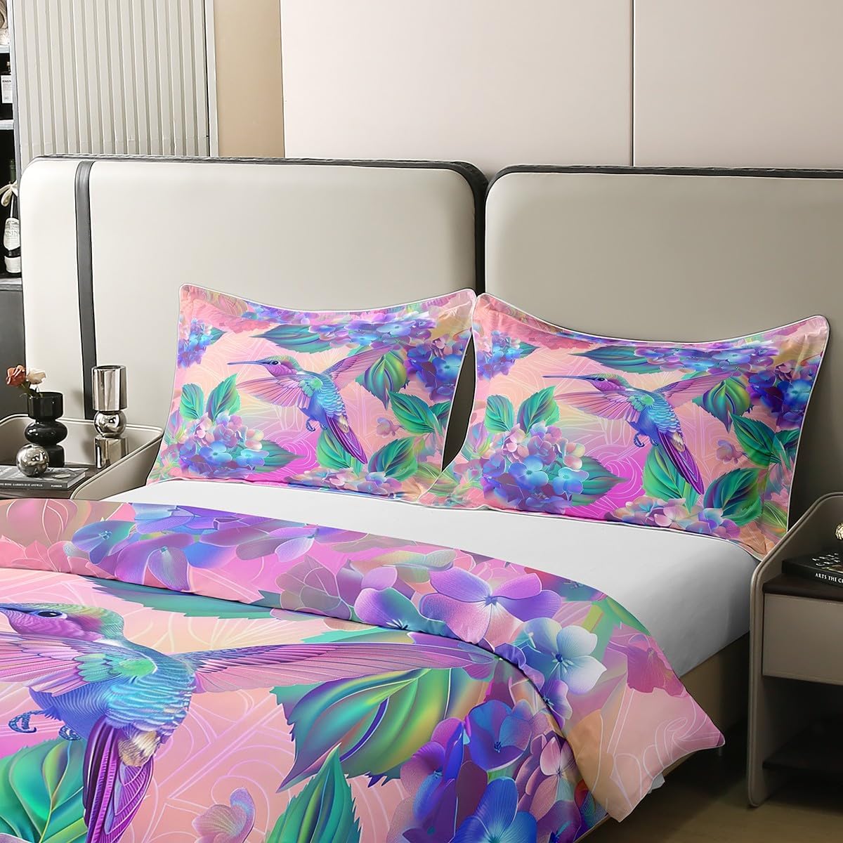 Erosebridal 100% Organic Cotton Hydrangea Bed Set Pink Purple Floral Duvet Cover Queen Tropical Hummingbird Bedding Set Tie Dye Aesthetics Ultra Soft Comforter Cover Spring Summer Theme Bedroom Decor
