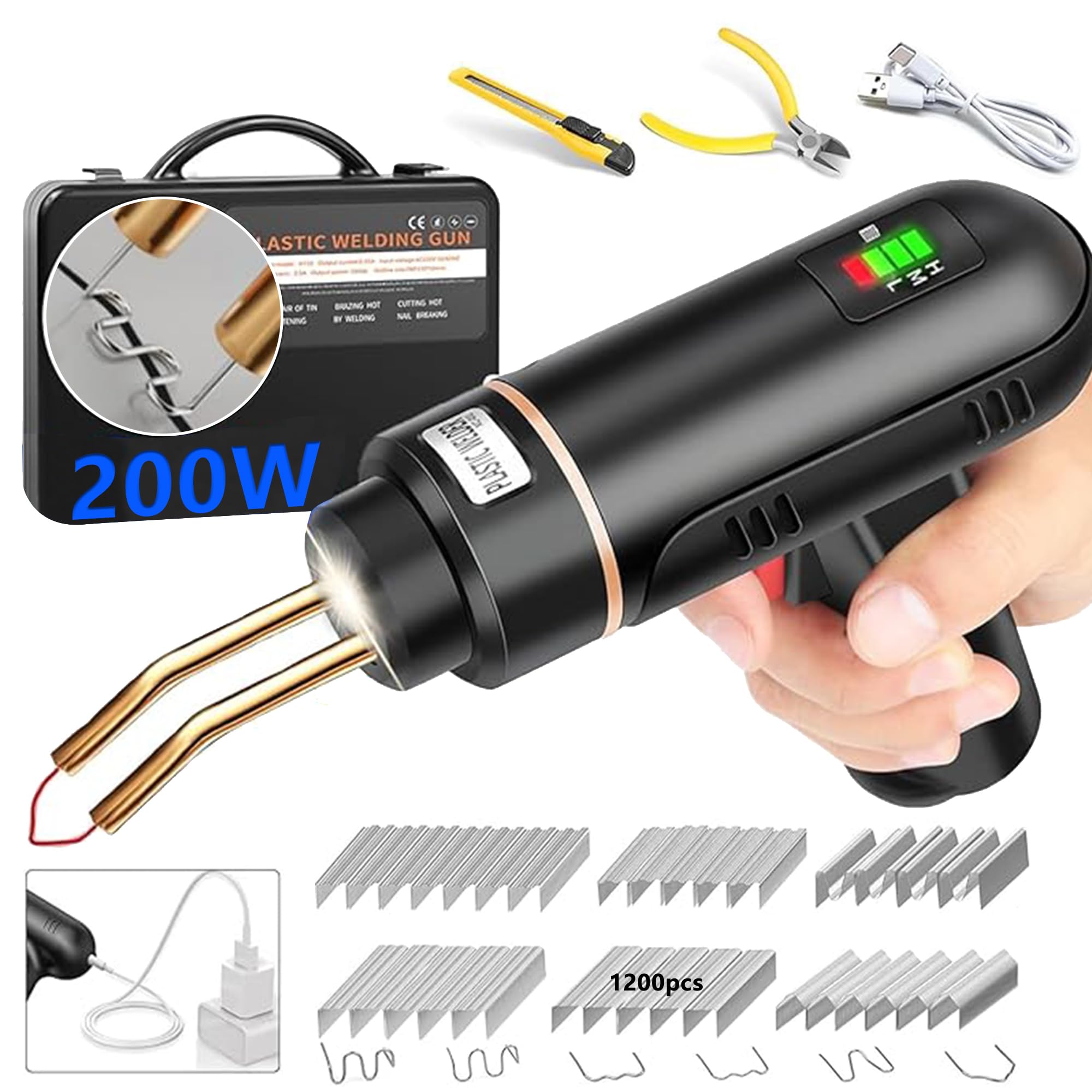 200W Kunststoff Schweißgerät Reparaturset: 5000mAh USB Wiederaufladbare Plastik Schweißgerät mit 1200 PCS Heißhefter Kabellos Kunststoff Schweißen für Auto Stoßstangen Armaturenbrett